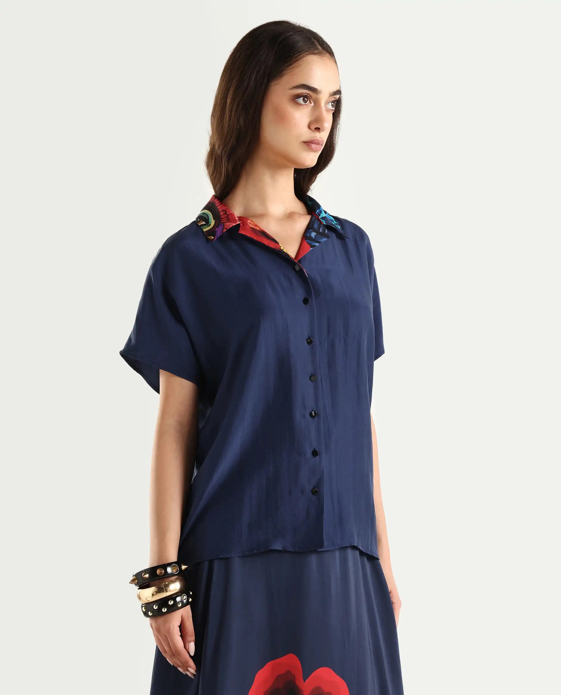 Rareism Women's Bezfa - T Navy Silk Half Sleeve Relaxed Fit Plain Shirt