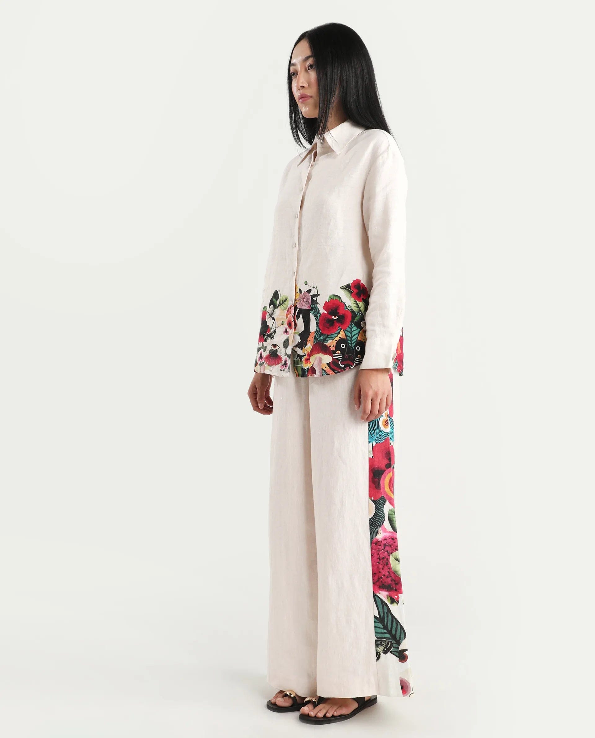 Rareism Women's Bazper - B Off White 100% Linen Wide Leg Plain Trouser
