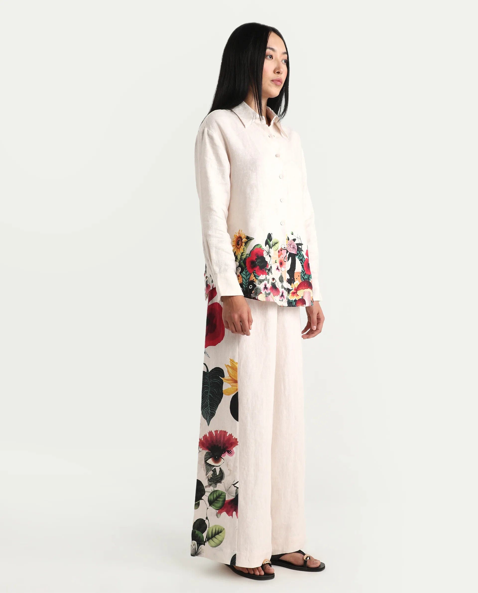 Rareism Women's Bazper - B Off White 100% Linen Wide Leg Plain Trouser