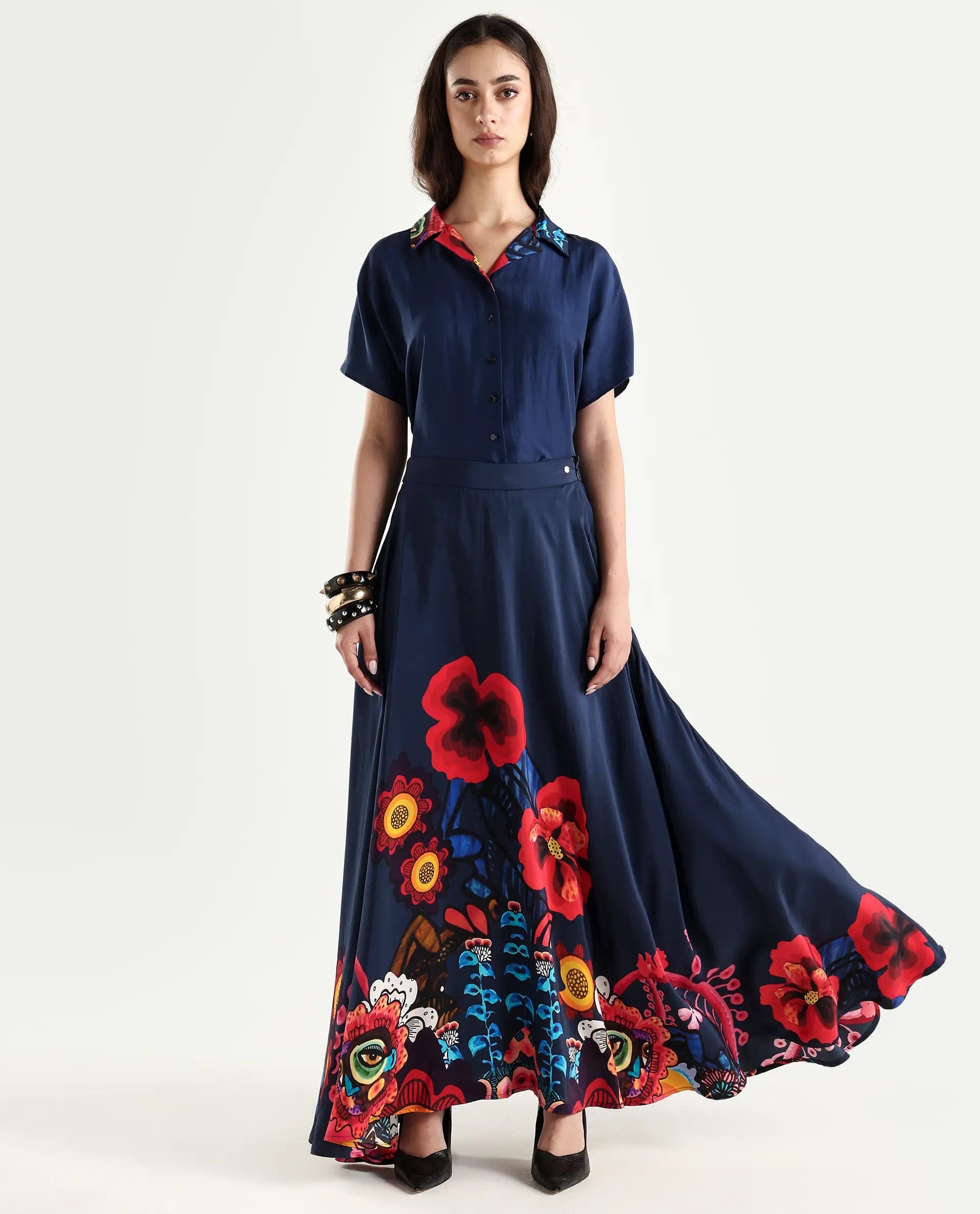 Rareism Women's Bezfa - B Navy Silk Flared Abstract Print Skirt