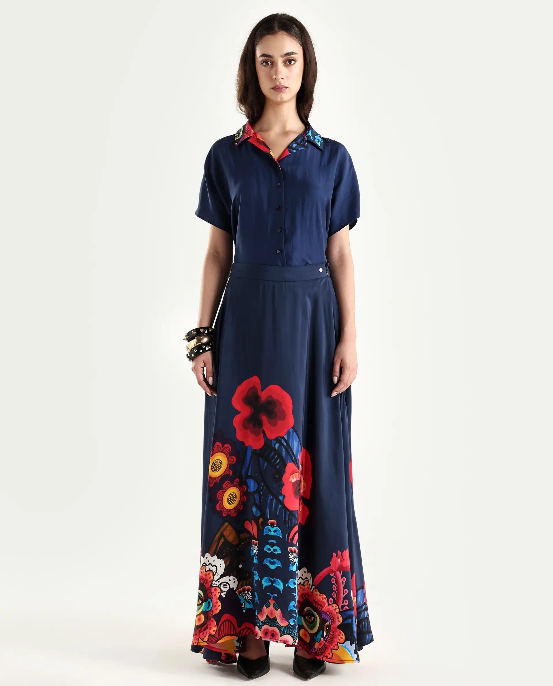 Rareism Women's Bezfa - B Navy Silk Flared Abstract Print Skirt