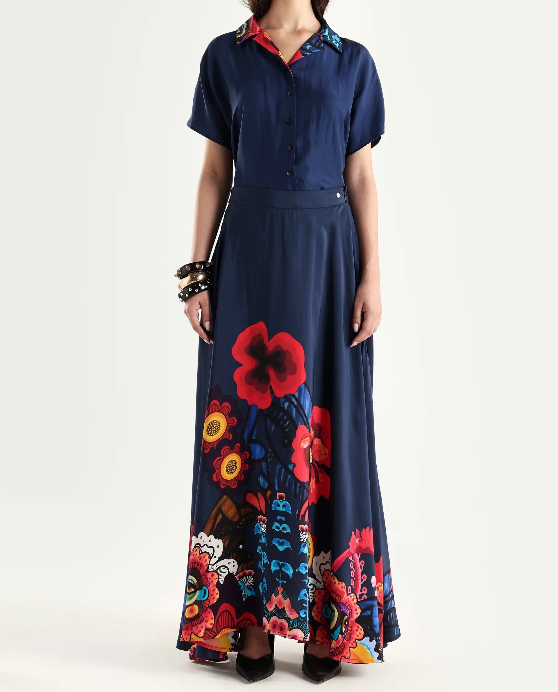 Rareism Women's Bezfa - B Navy Silk Flared Abstract Print Skirt