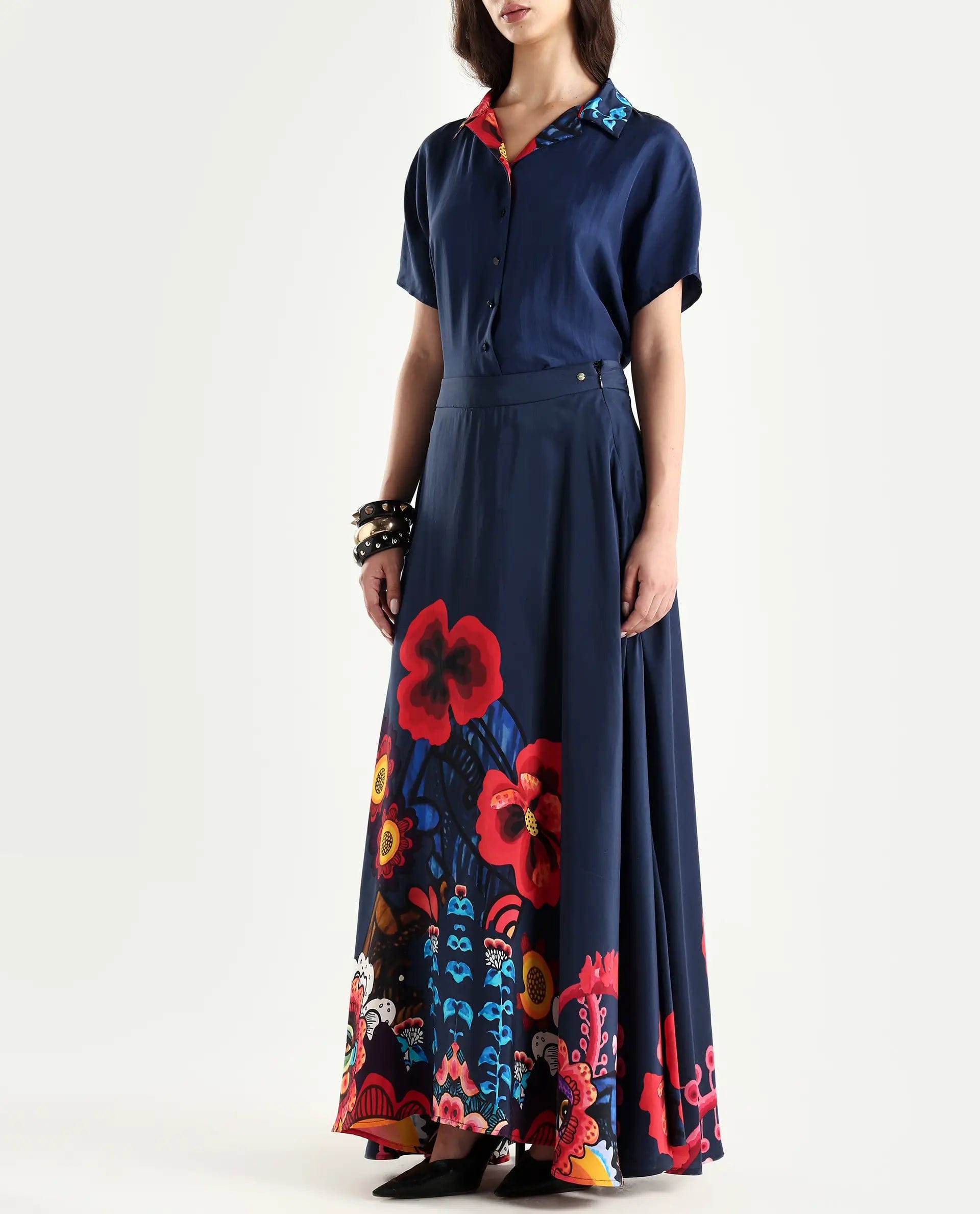Rareism Women's Bezfa - B Navy Silk Flared Abstract Print Skirt