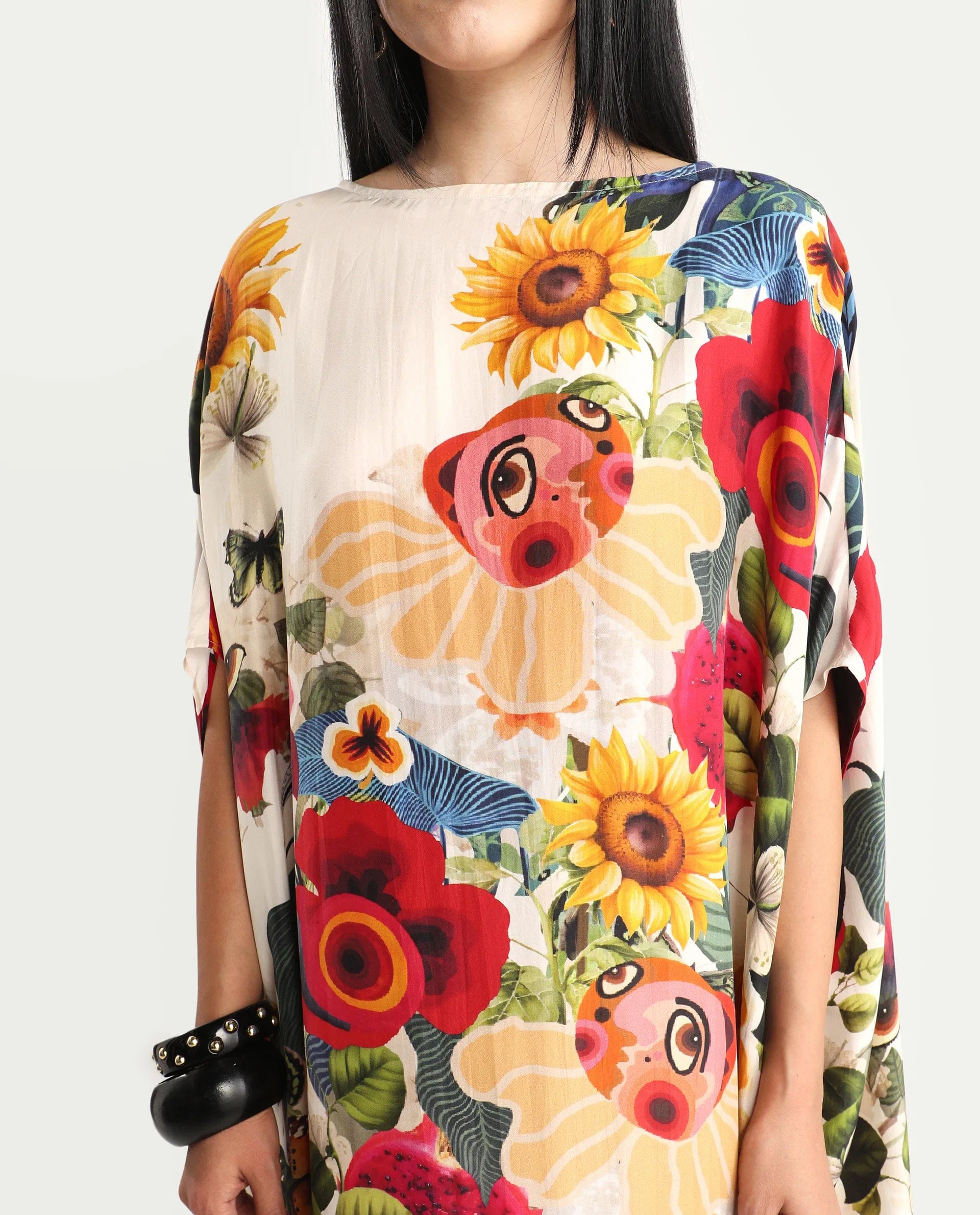 Rareism Women's Bezrea Off White Silk 3/4Th Sleeve Kaftan Abstract Print Dress