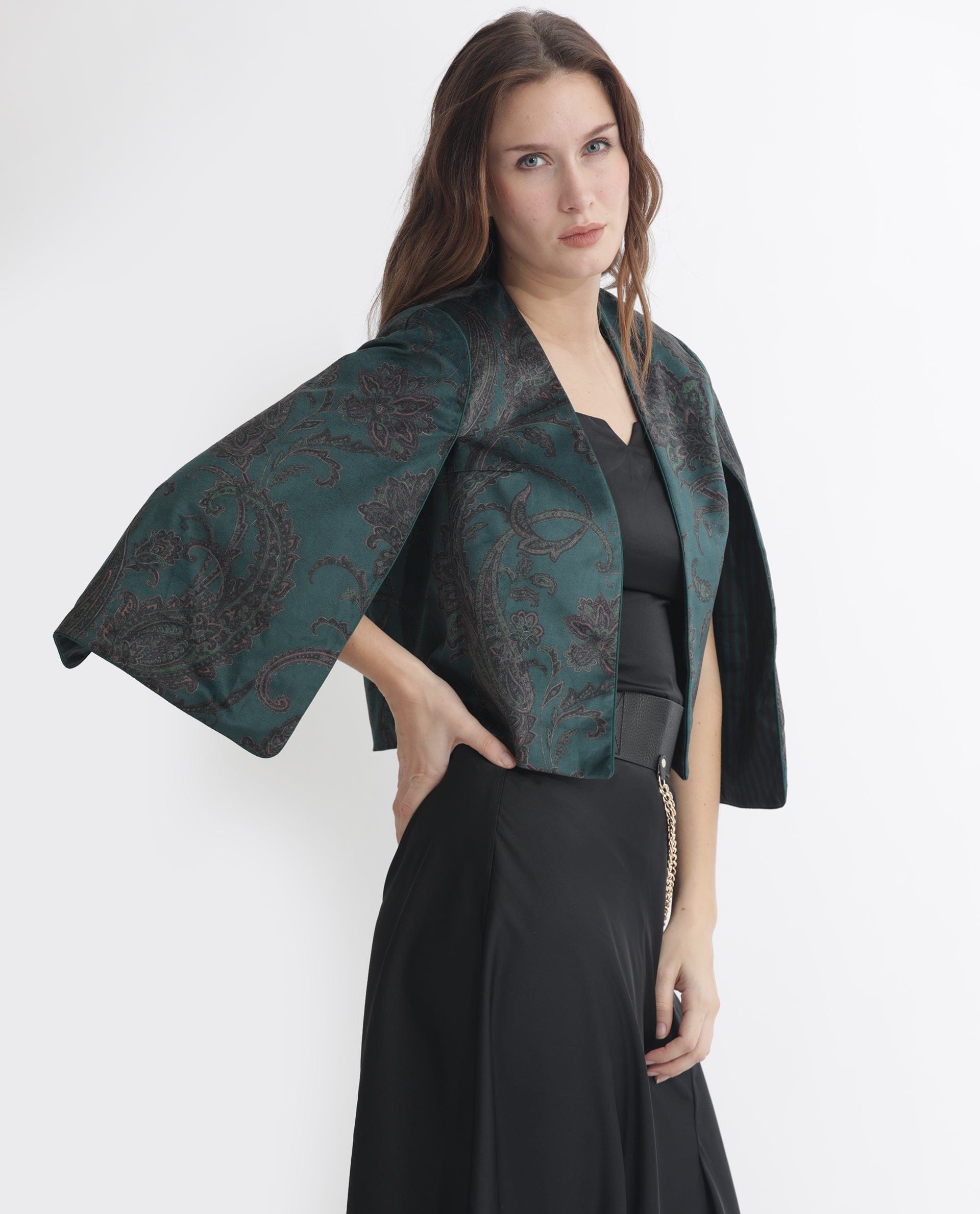 Rareism Women's Elani Green Polyester Blend Collarless Floral Print Cape Sleeve Regular Fit Shrug