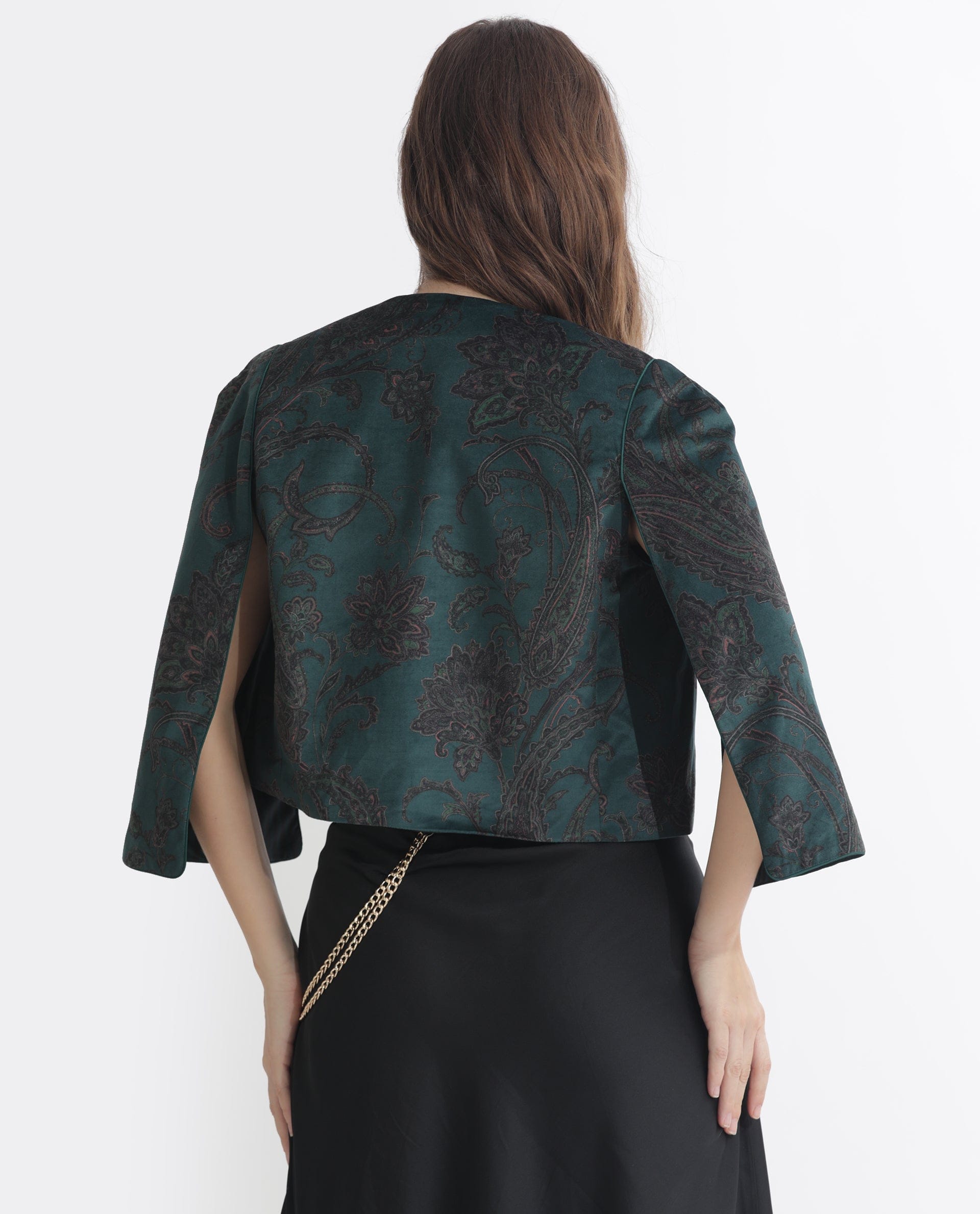 Rareism Women's Elani Green Polyester Blend Collarless Floral Print Cape Sleeve Regular Fit Shrug
