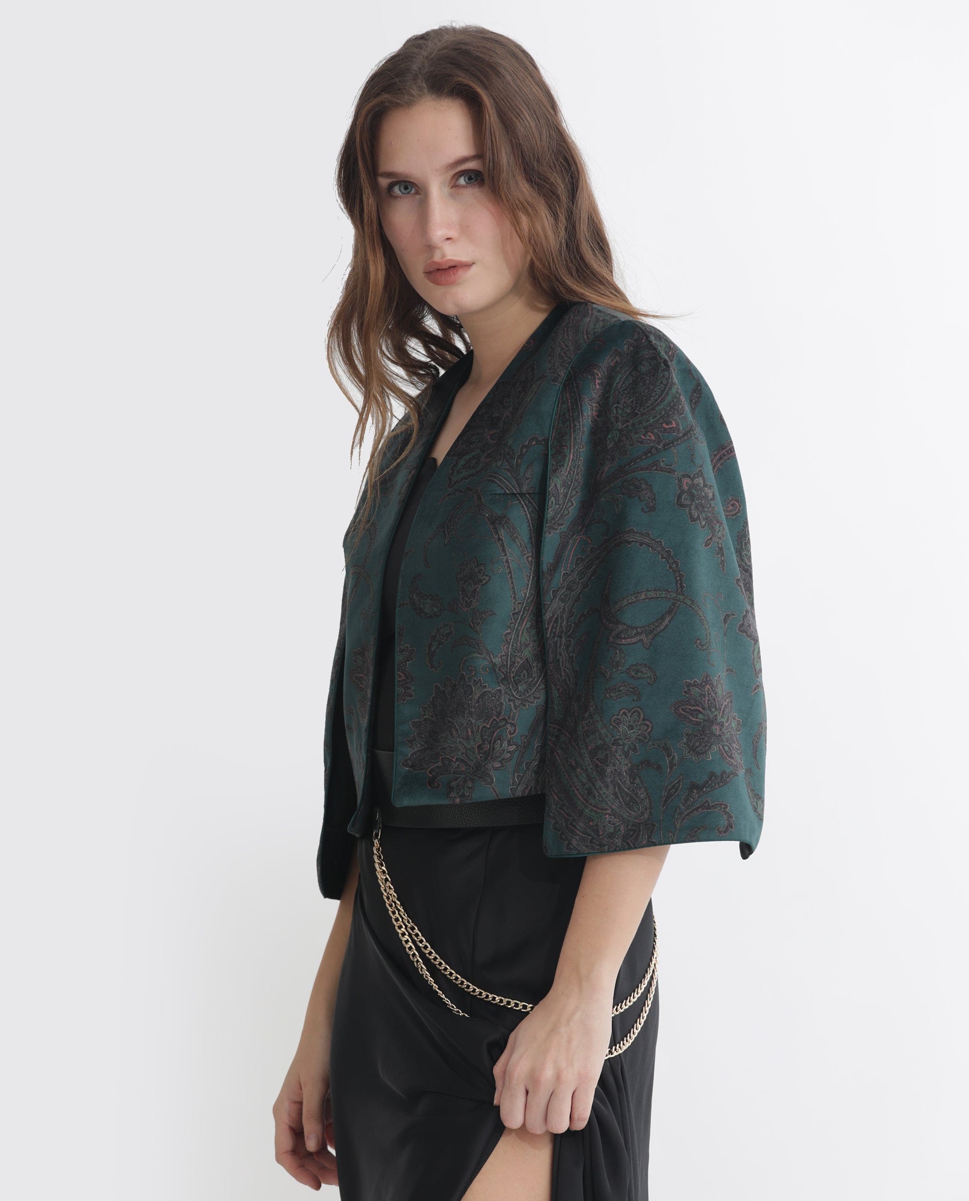 Rareism Women's Elani Green Polyester Blend Collarless Floral Print Cape Sleeve Regular Fit Shrug