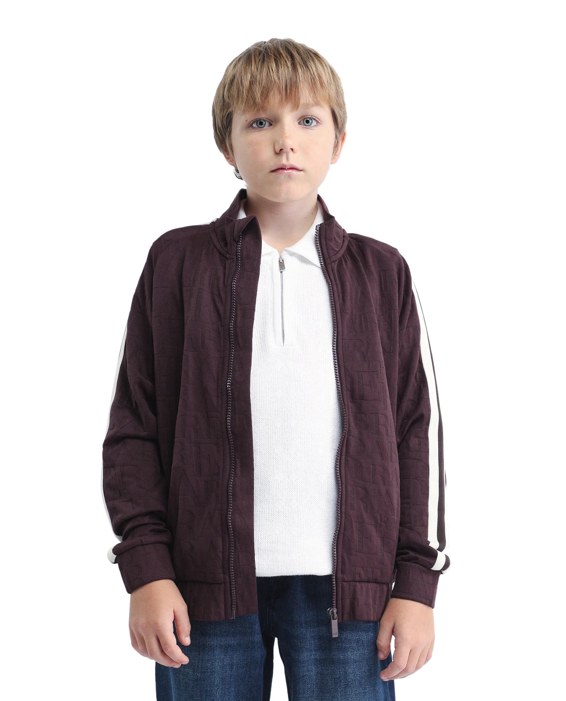 Rare Ones Kids Amni Brown Cotton Blend Zipper Closure High Neck Jacquard Full Sleeves Regular Fit Jacket