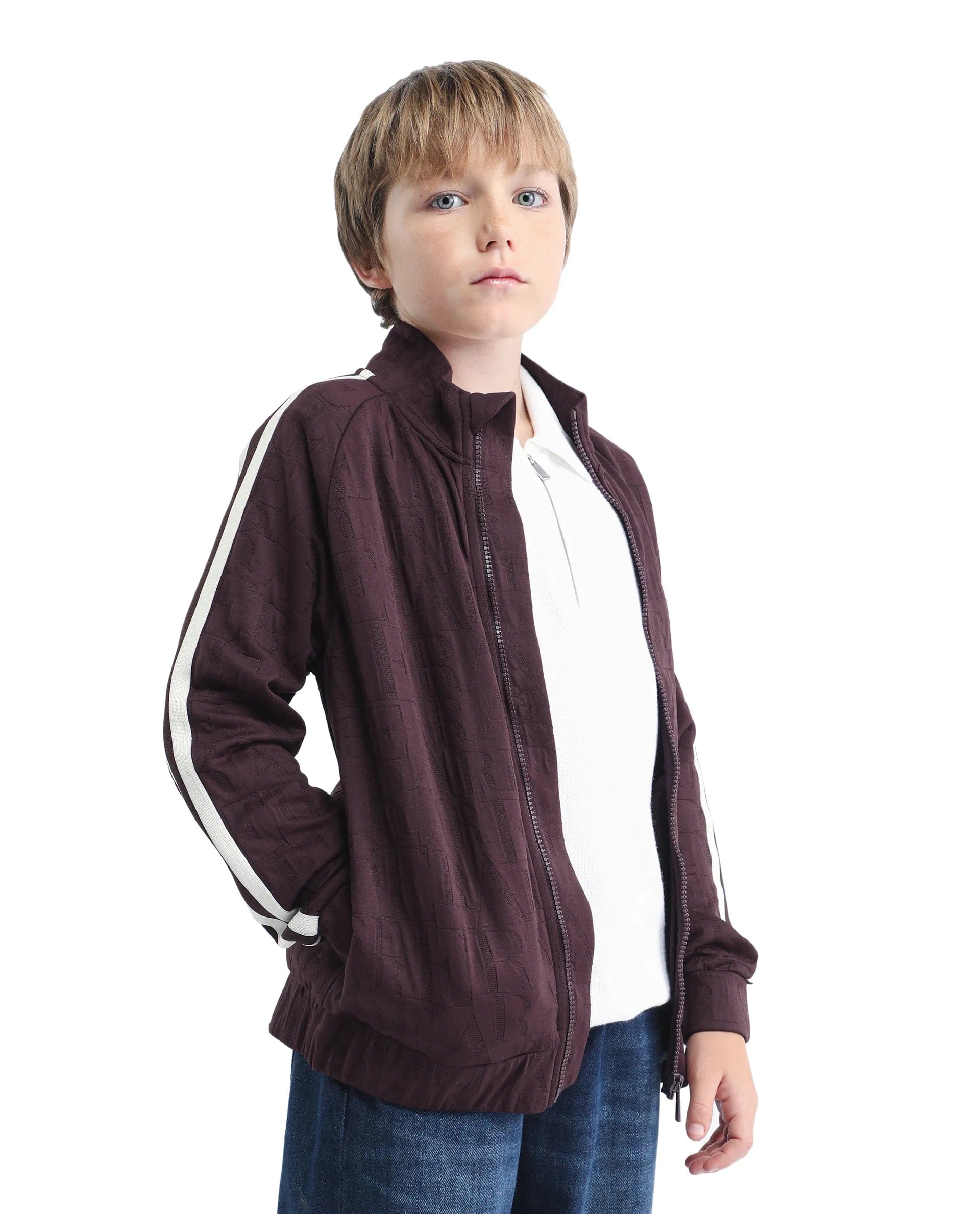 Rare Ones Kids Amni Brown Cotton Blend Zipper Closure High Neck Jacquard Full Sleeves Regular Fit Jacket