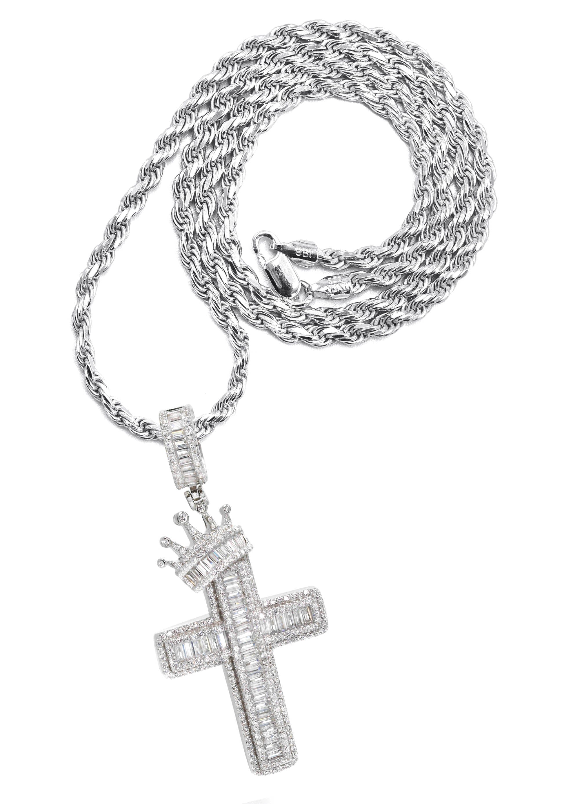 Manufacturer 43 Silver Crown Cross Baguette Necklace | 33 Grams