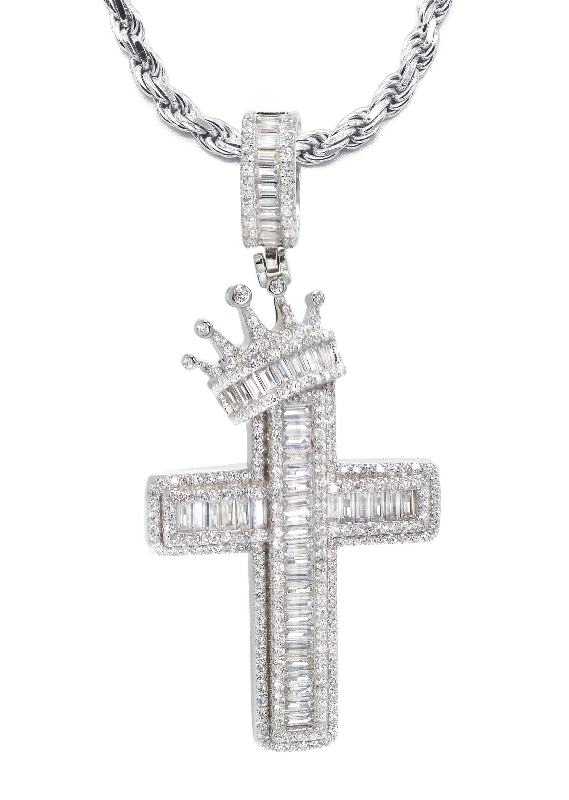 Manufacturer 43 Silver Crown Cross Baguette Necklace | 33 Grams