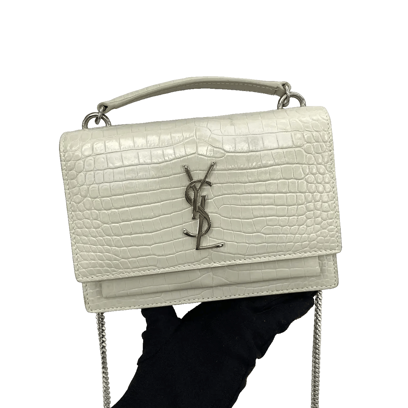 True To Sole Saint Laurent White Sunset 533026 Wallet on Chain Croco Embossed 2Way
