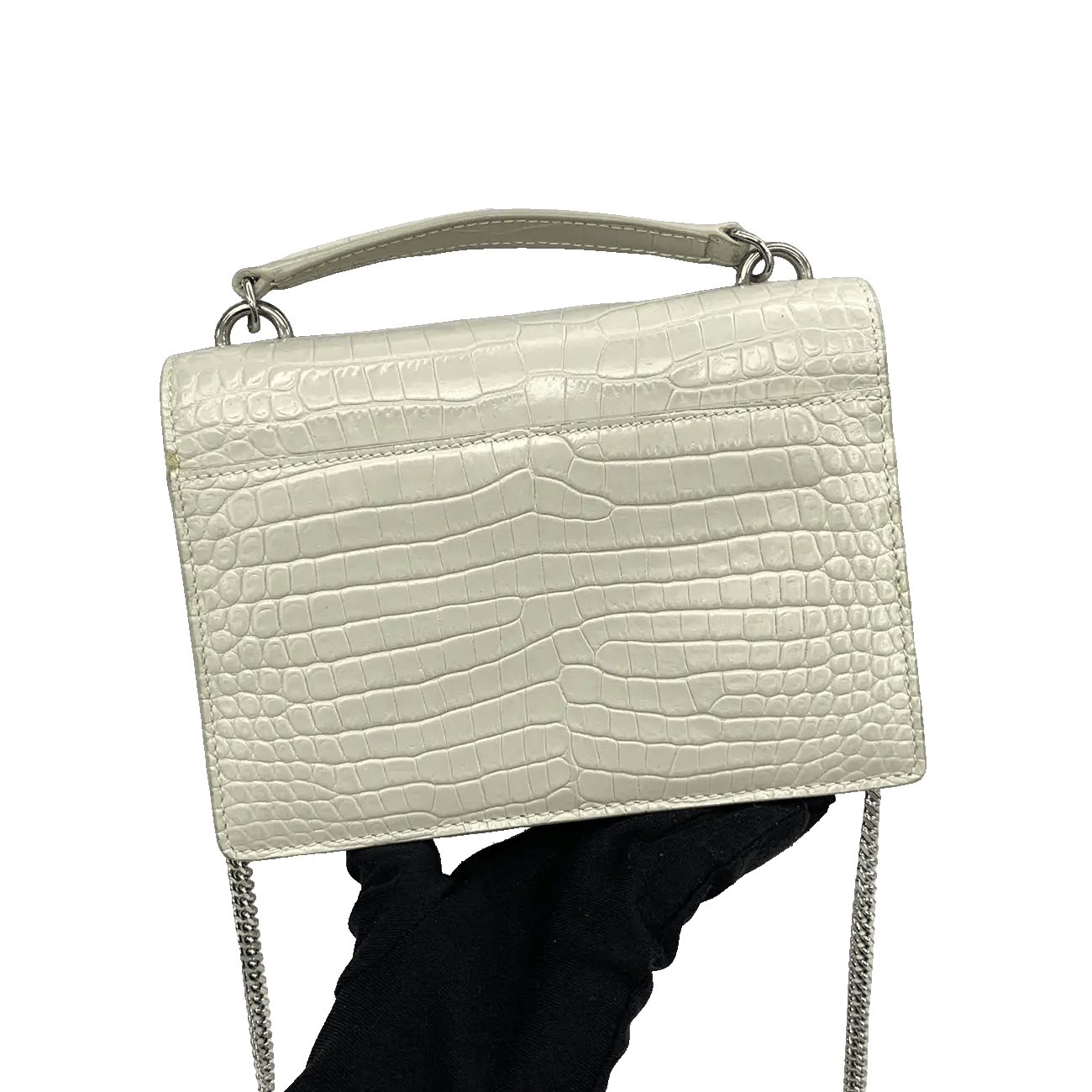 True To Sole Saint Laurent White Sunset 533026 Wallet on Chain Croco Embossed 2Way