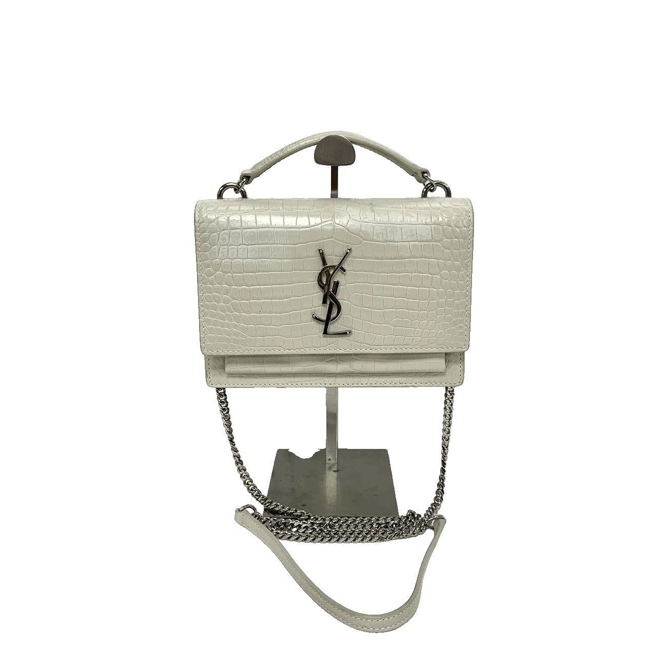 True To Sole Saint Laurent White Sunset 533026 Wallet on Chain Croco Embossed 2Way