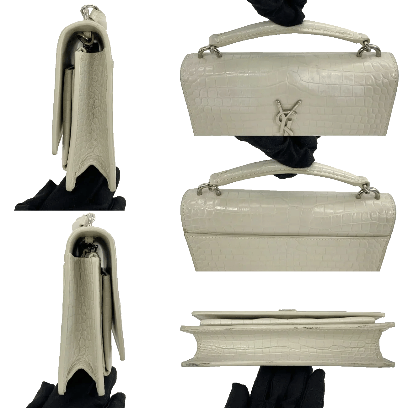 True To Sole Saint Laurent White Sunset 533026 Wallet on Chain Croco Embossed 2Way