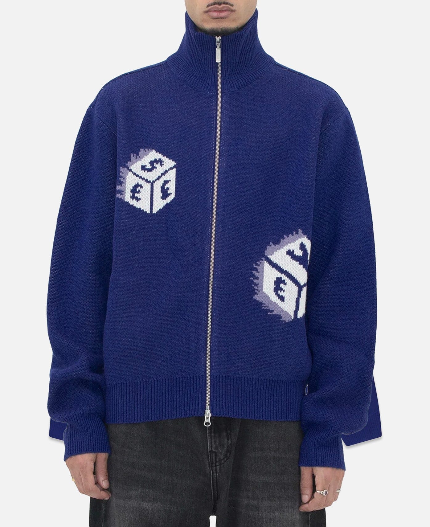 Yeseyesee Y.E.S Dice Full Zip - Up Knit Cardigan (Blue)