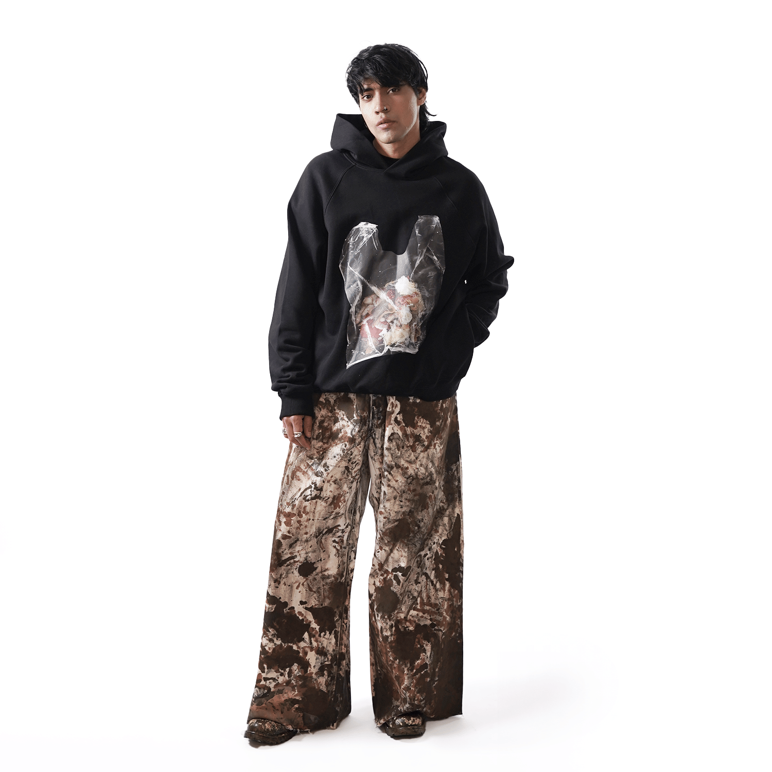 WHITE* Oversized unisex denim with all - over hand - painted mud - washed surface (White)