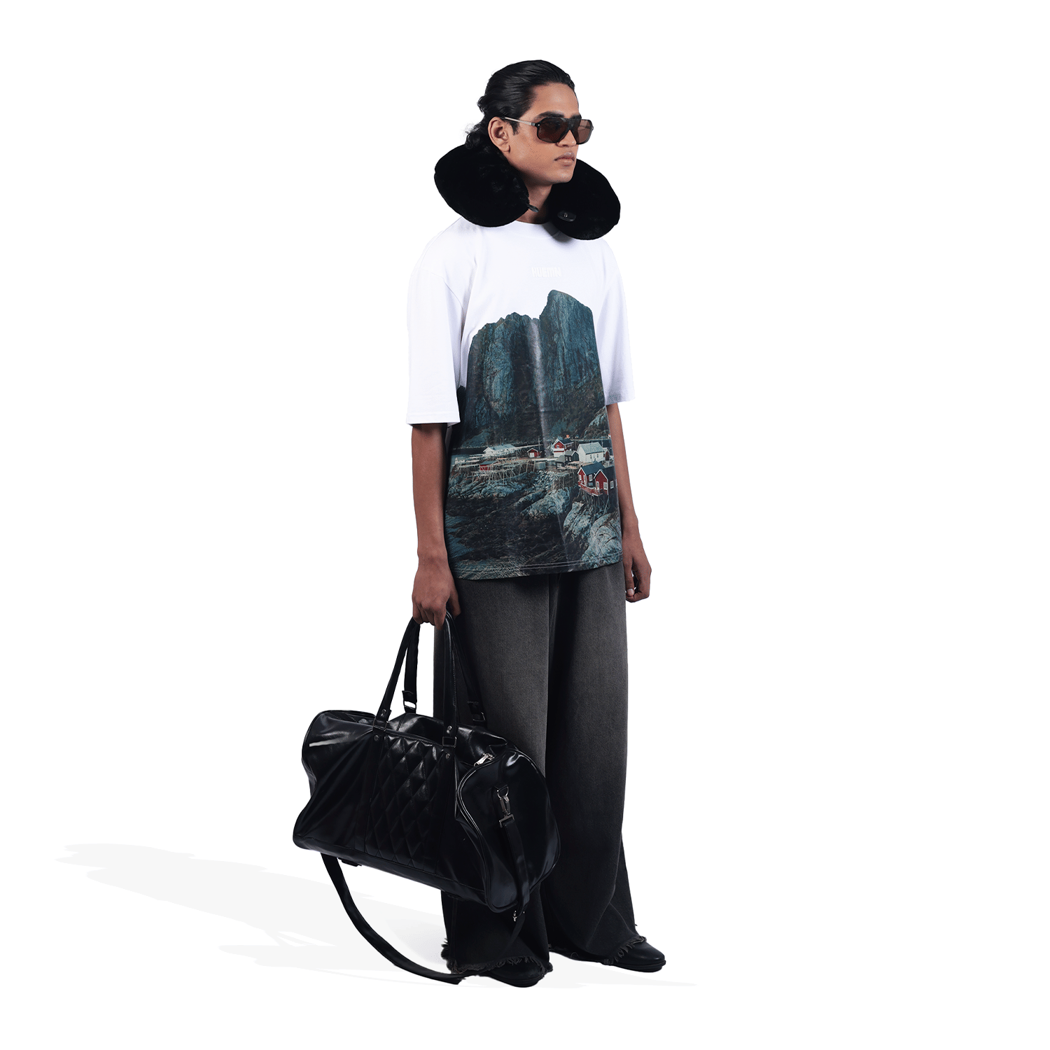 WHITE* Oversized, unisex t - shirt with Scandinavian landscape print (White)