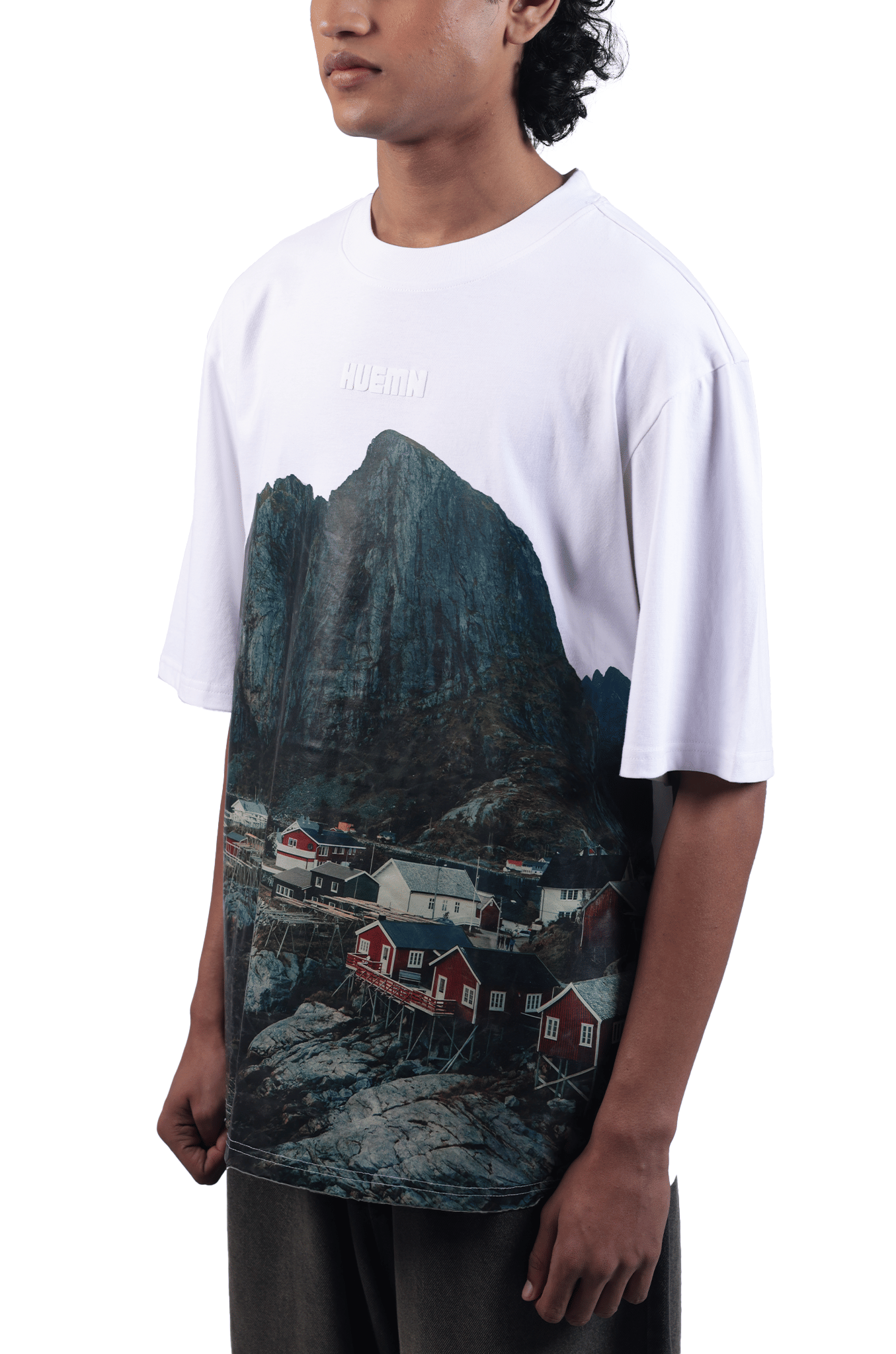 WHITE* Oversized, unisex t - shirt with Scandinavian landscape print (White)