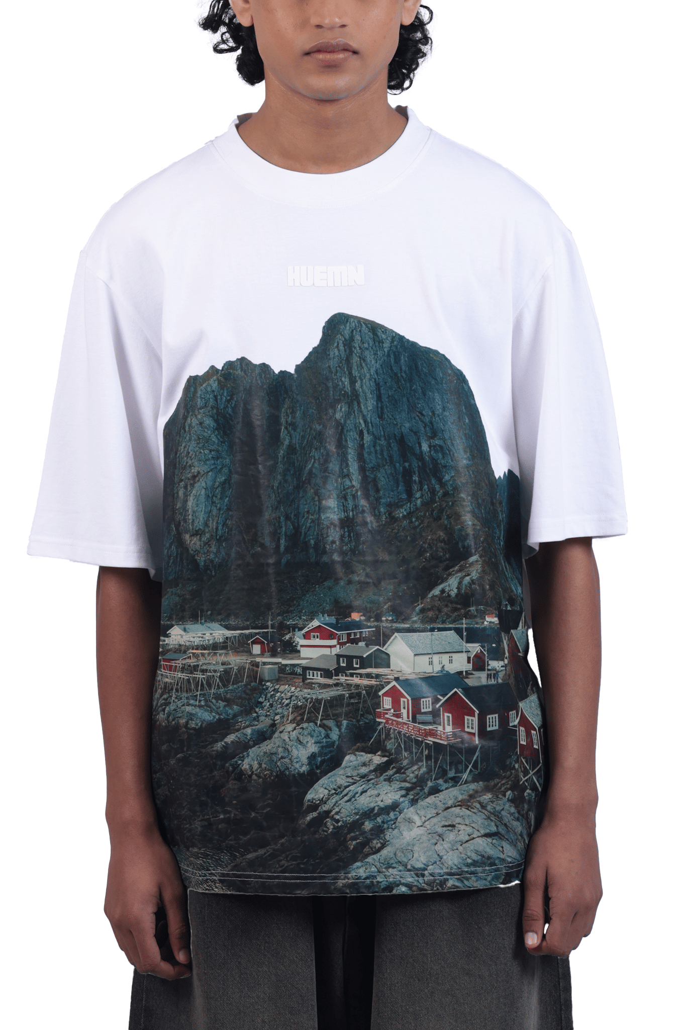 WHITE* Oversized, unisex t - shirt with Scandinavian landscape print (White)