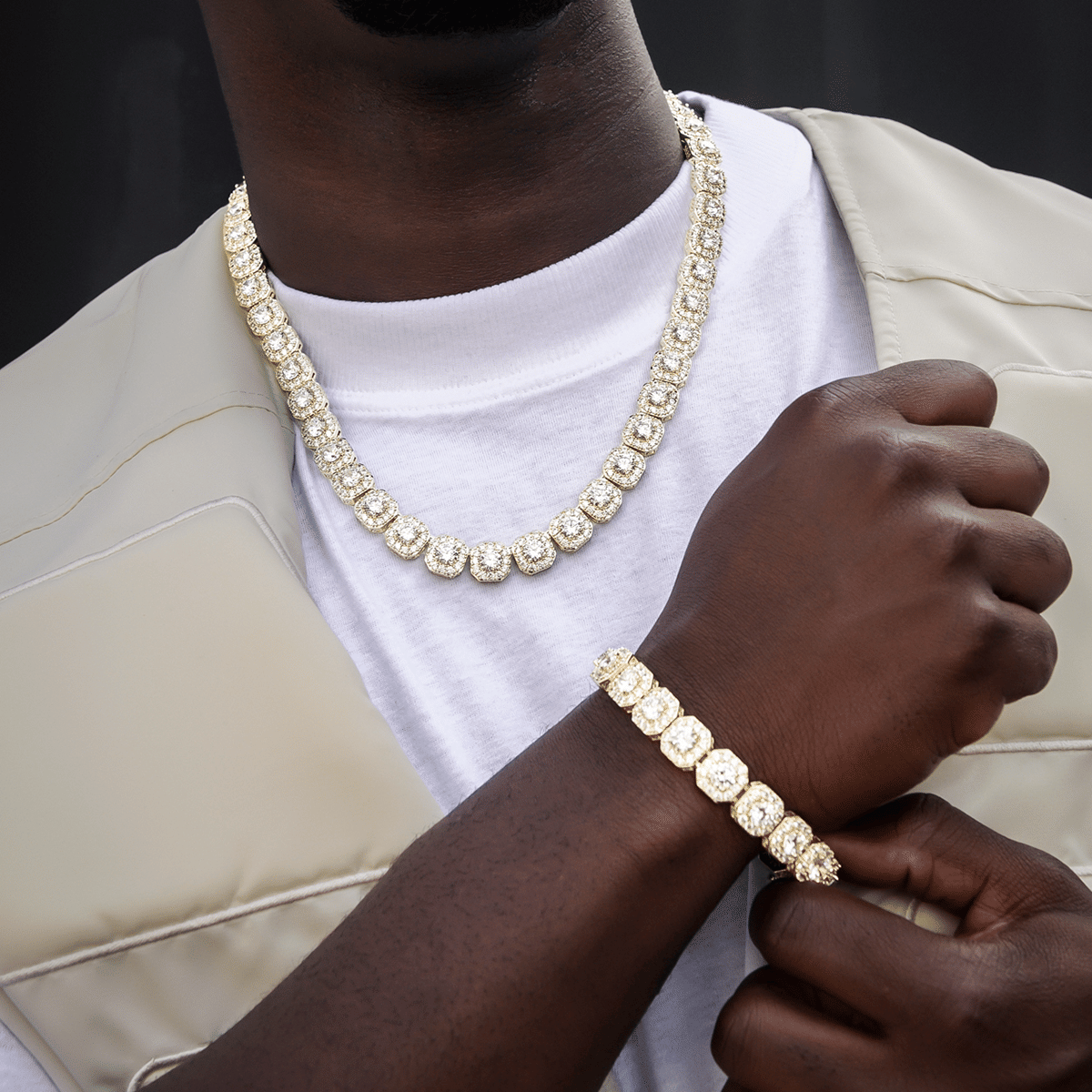 GLD Men Clustered Tennis Chain + Bracelet Bundle in Yellow Gold - 12 mm