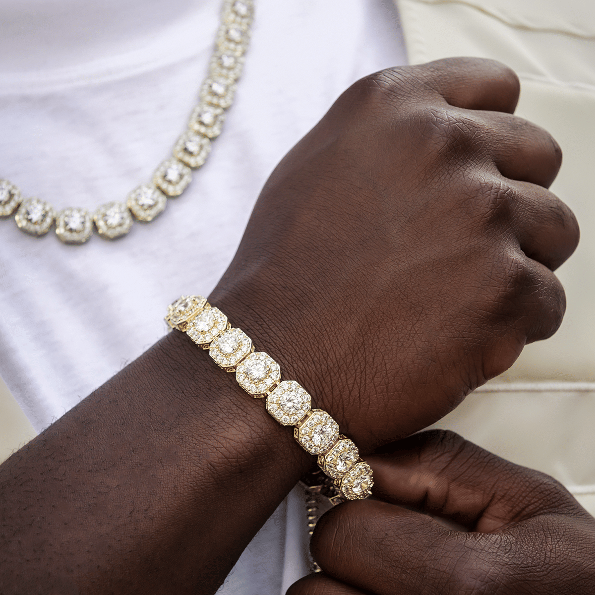 GLD Men Clustered Tennis Chain + Bracelet Bundle in Yellow Gold - 12 mm