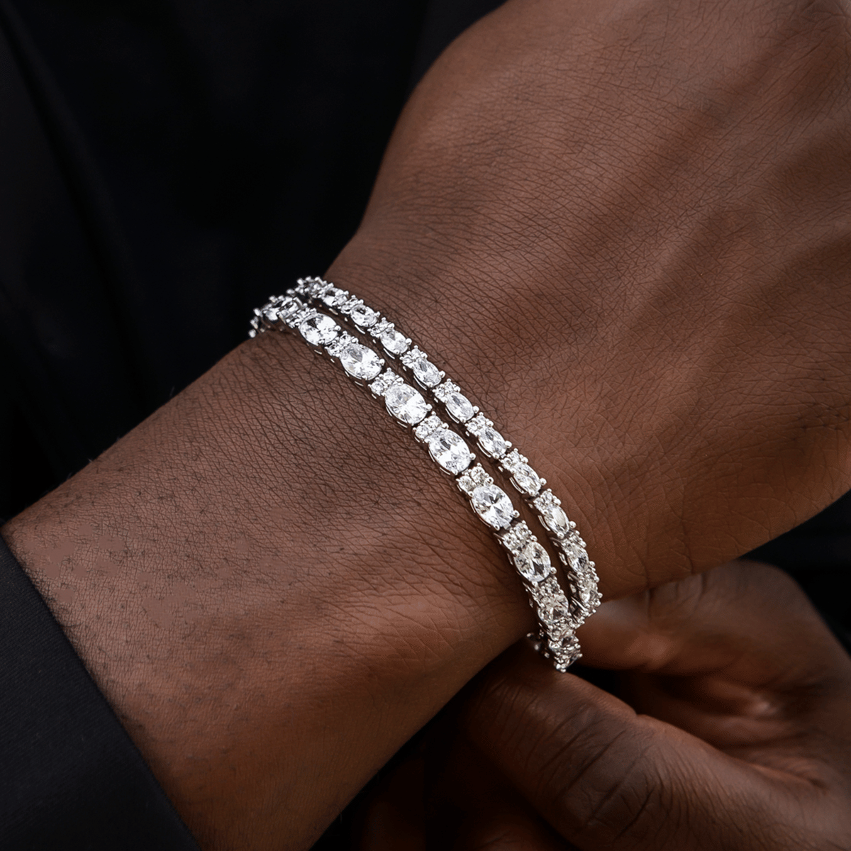 GLD Men 3 mm + 5 mm Diamond Mixed Oval Cut Tennis Bracelet Bundle