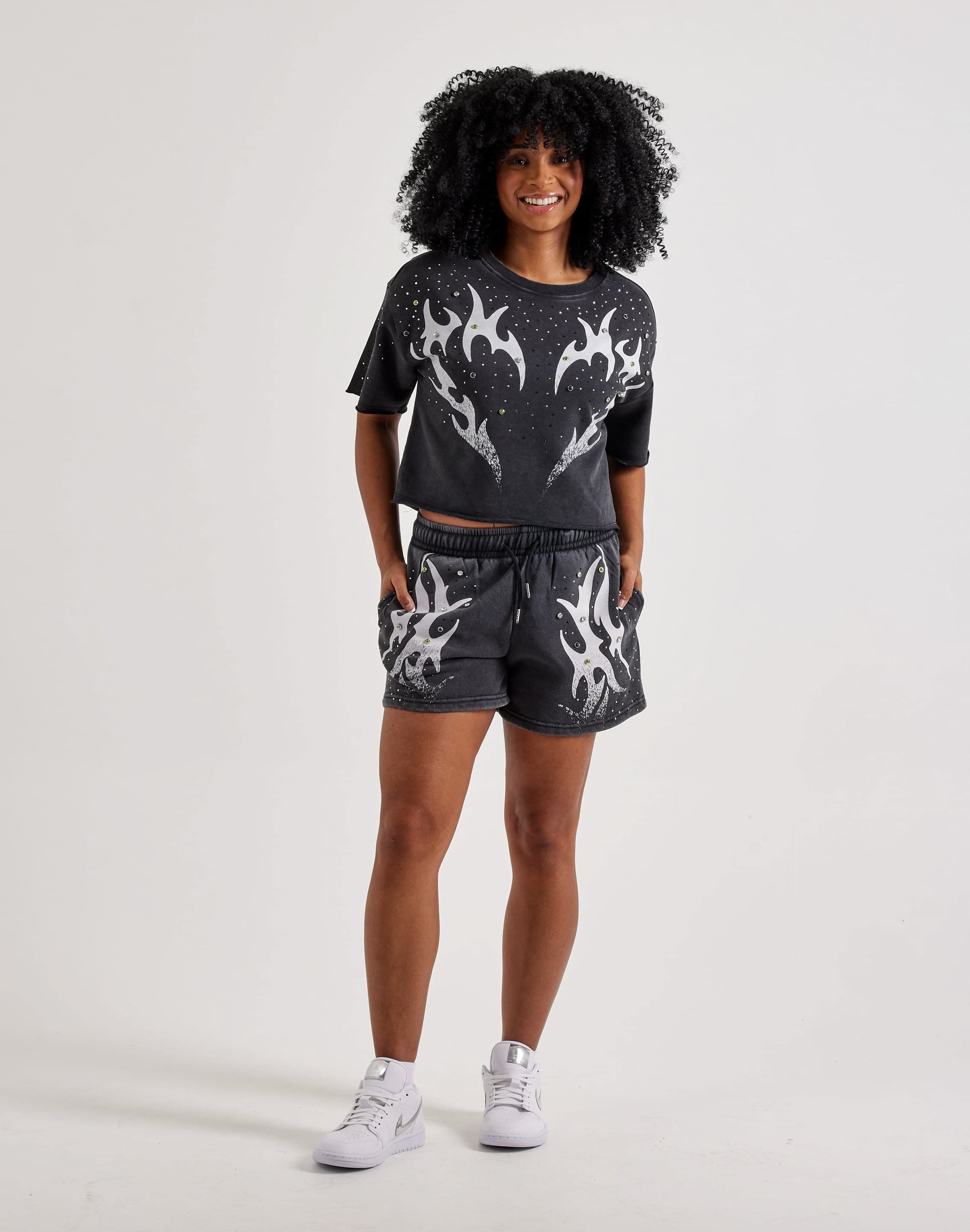 Red Fox Vintage Wash Fleece Rhinestone Shorts