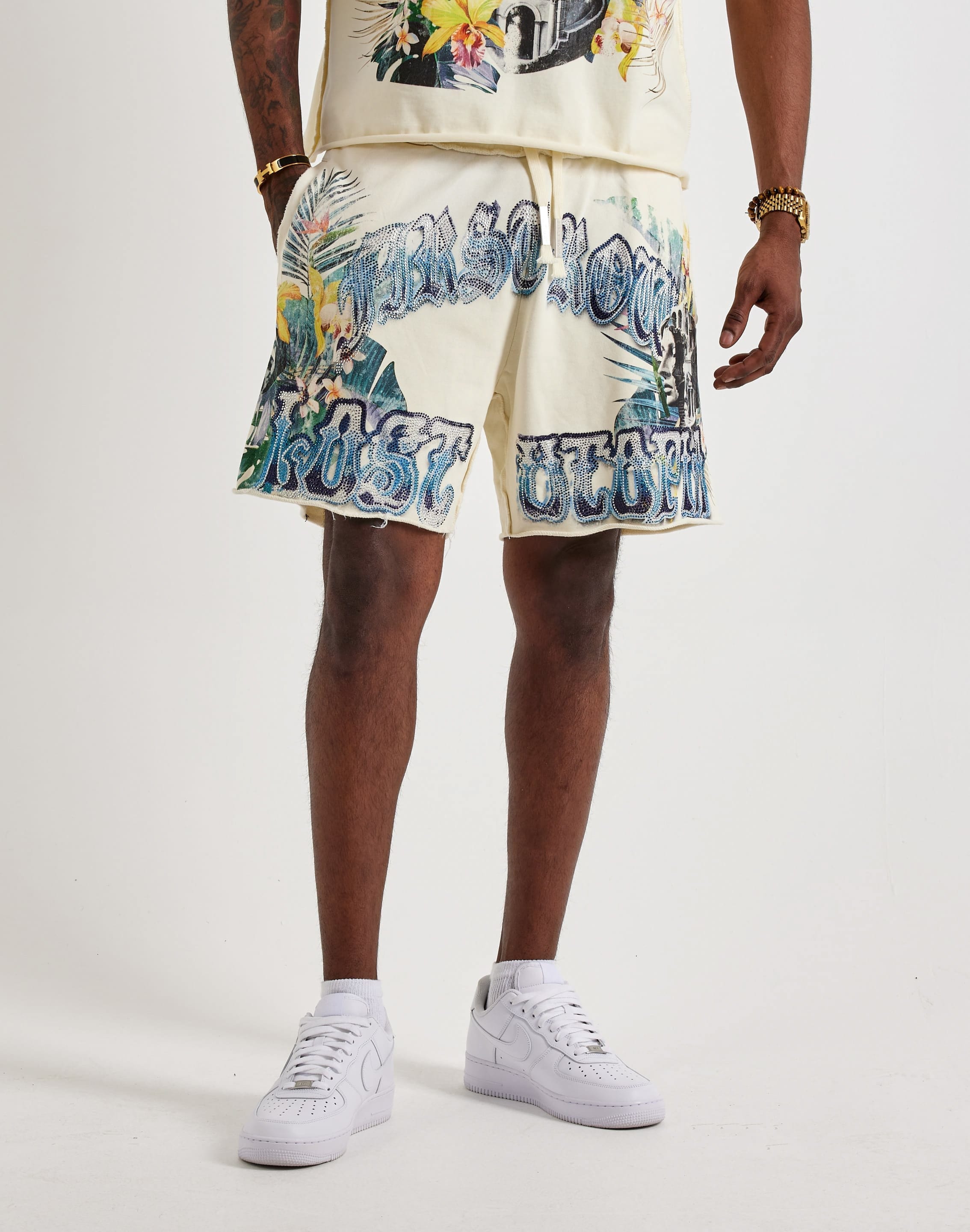 First Row Lost Utopia Rhinestone Fleece Shorts