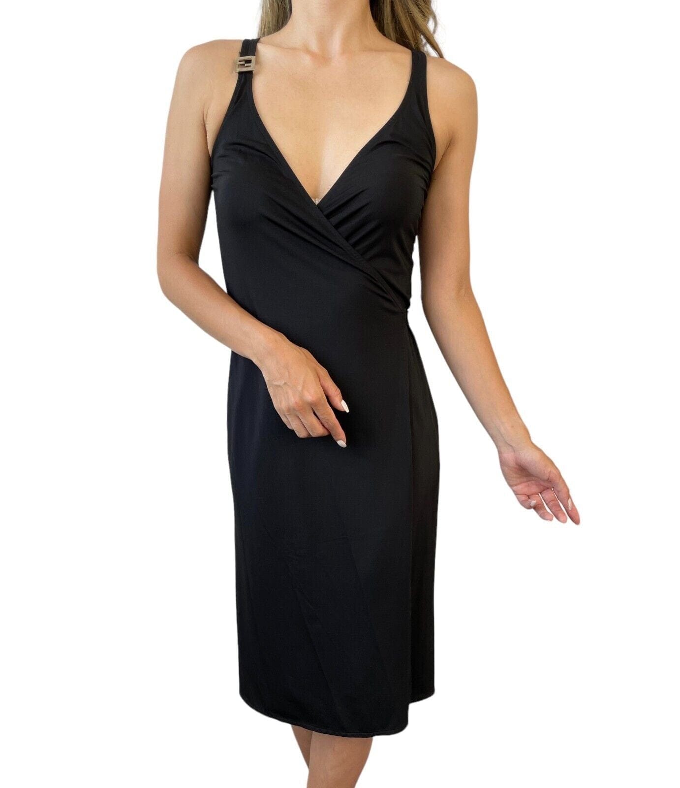 Luxury Promise Japan FENDI Vintage FF Logo Sleeveless Dress #40 Black Silver Nylon Rank AB