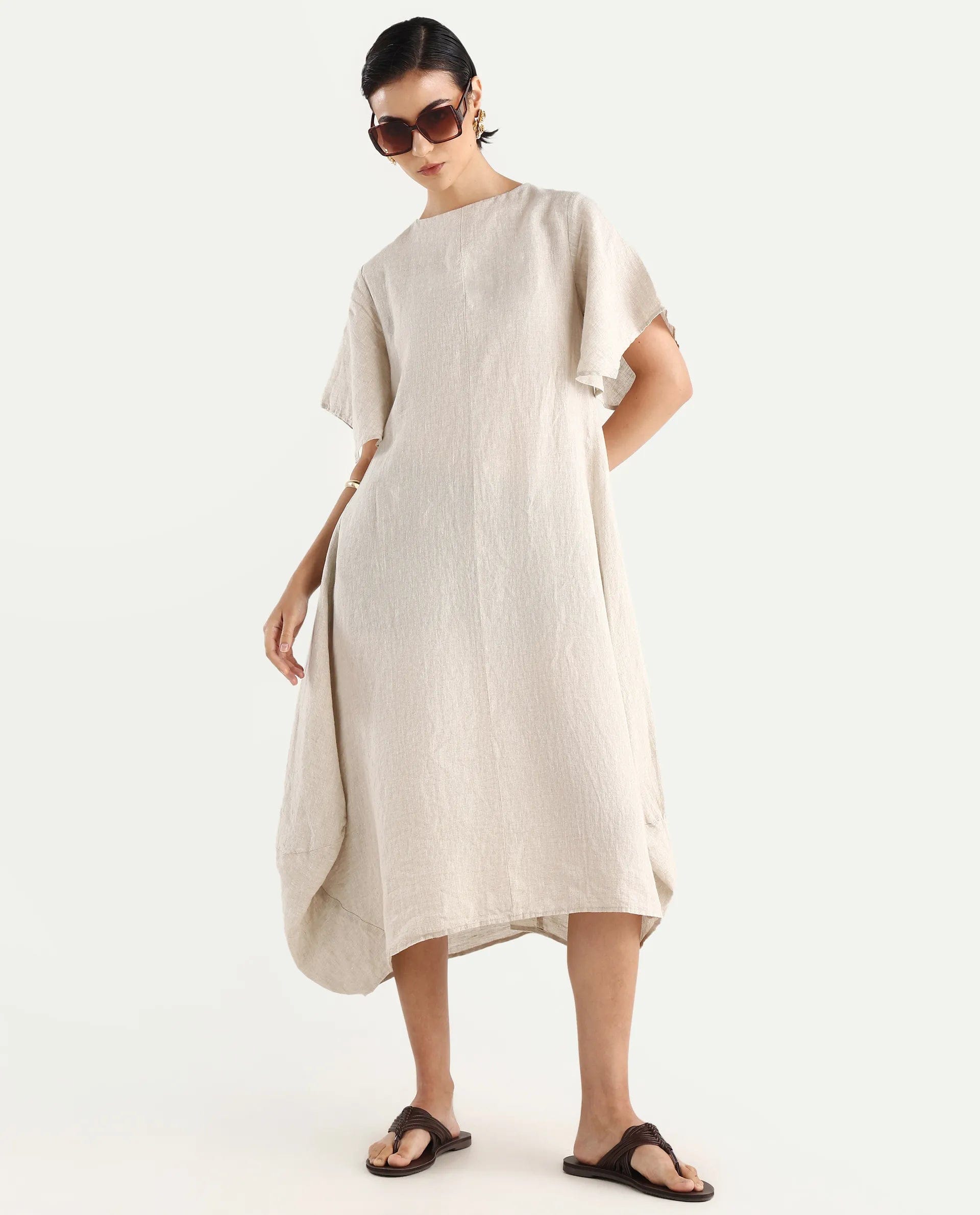 Rareism Women's Nensy Dark Beige 100% Linen Crew Neck Relaxed Fit Plain Dress
