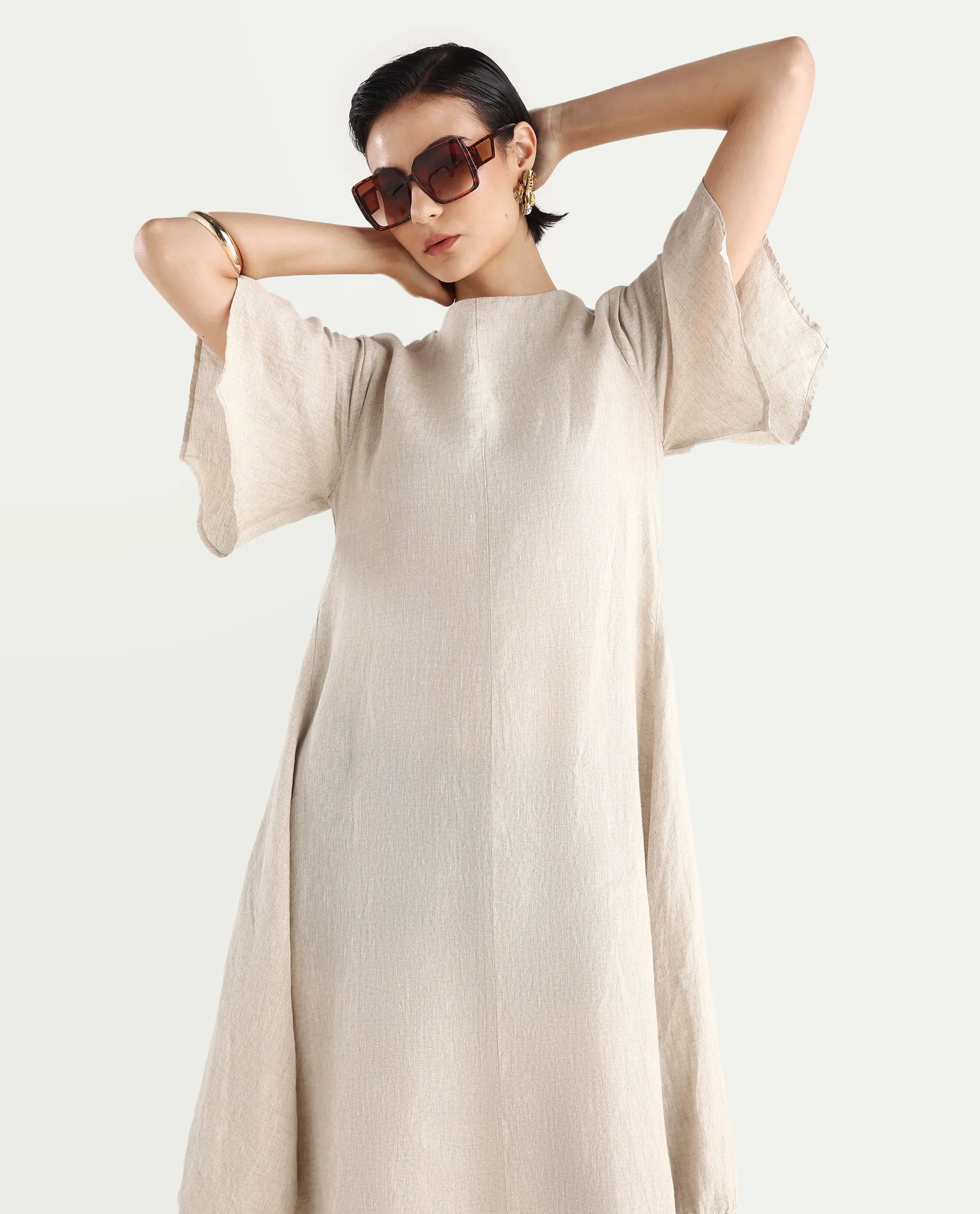 Rareism Women's Nensy Dark Beige 100% Linen Crew Neck Relaxed Fit Plain Dress
