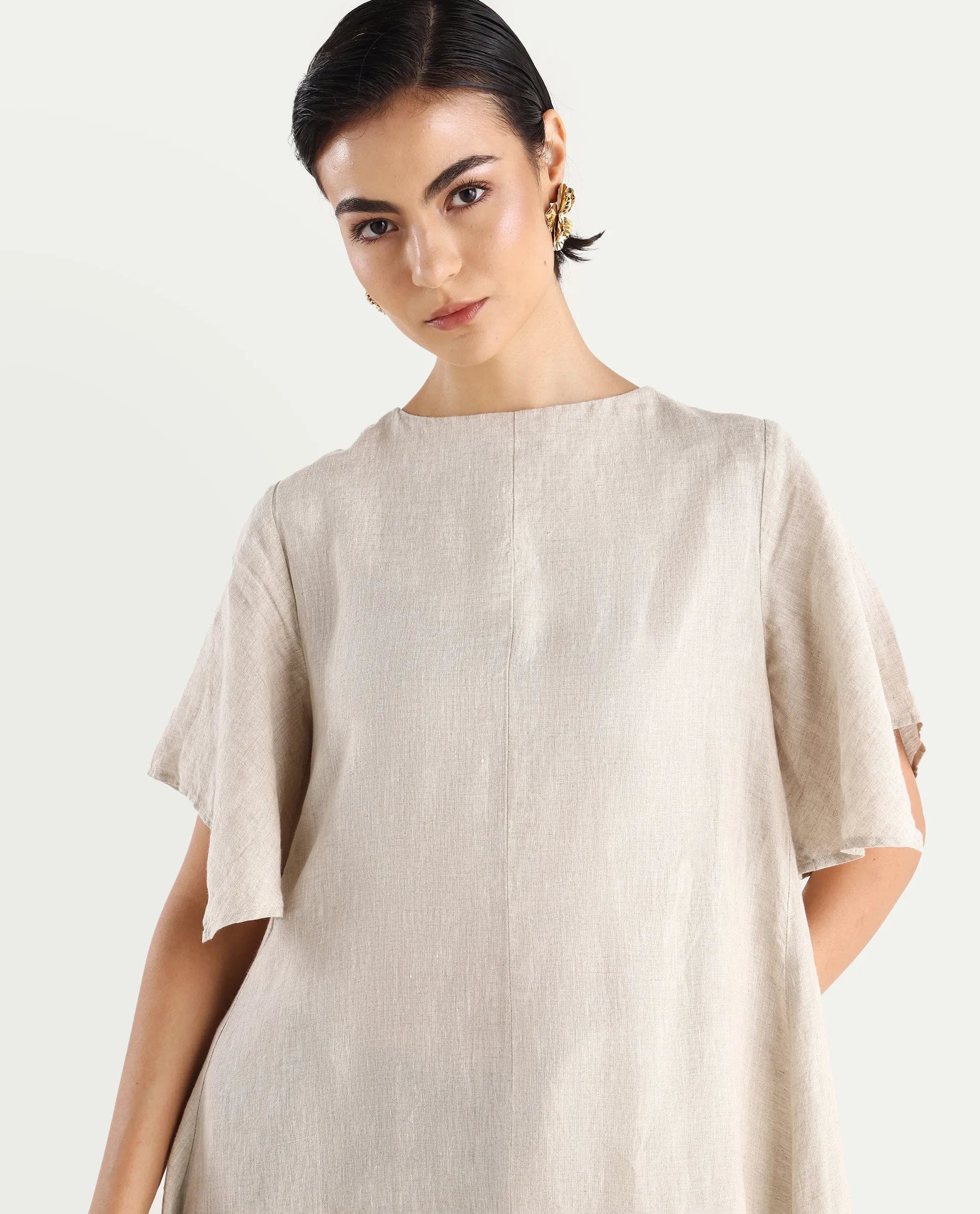 Rareism Women's Nensy Dark Beige 100% Linen Crew Neck Relaxed Fit Plain Dress