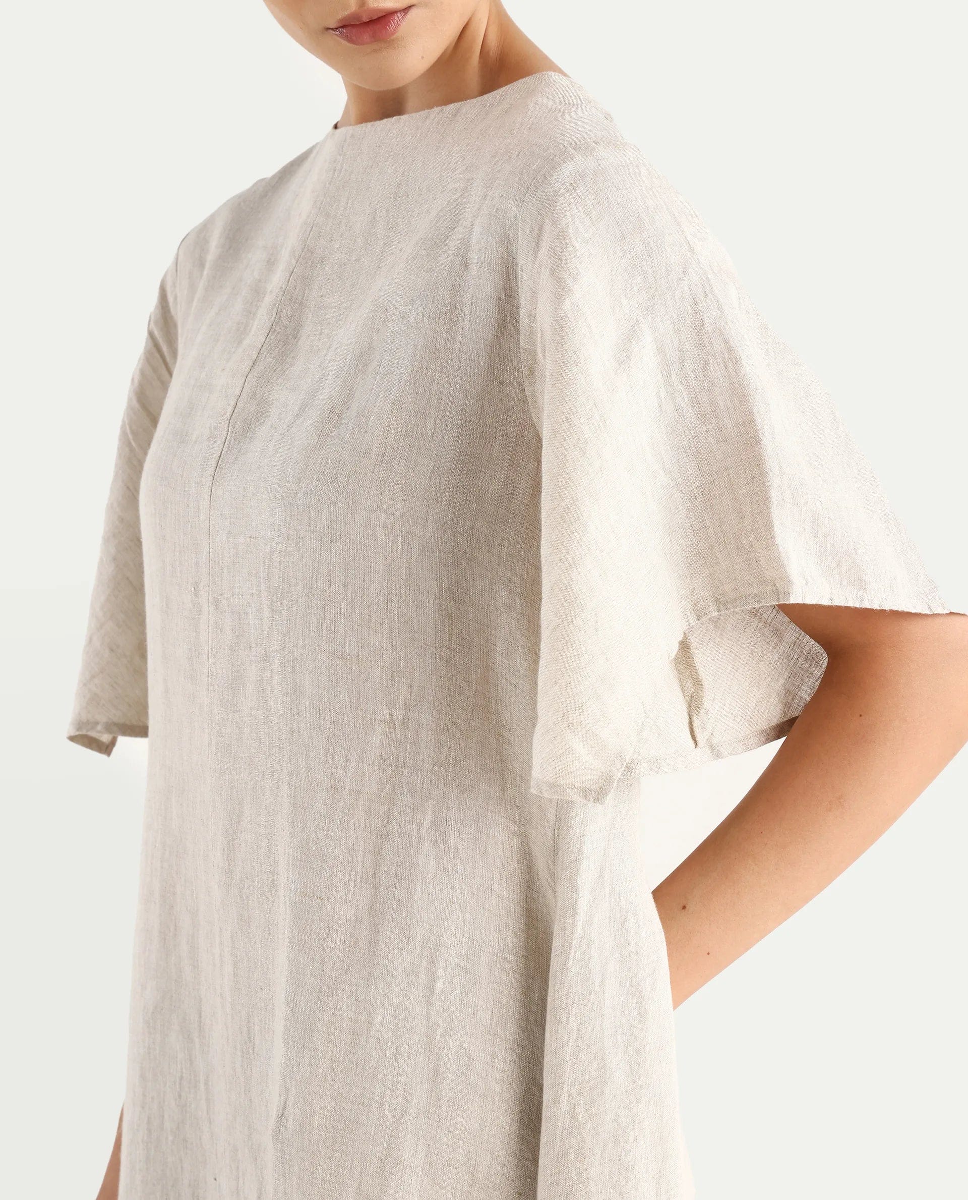 Rareism Women's Nensy Dark Beige 100% Linen Crew Neck Relaxed Fit Plain Dress