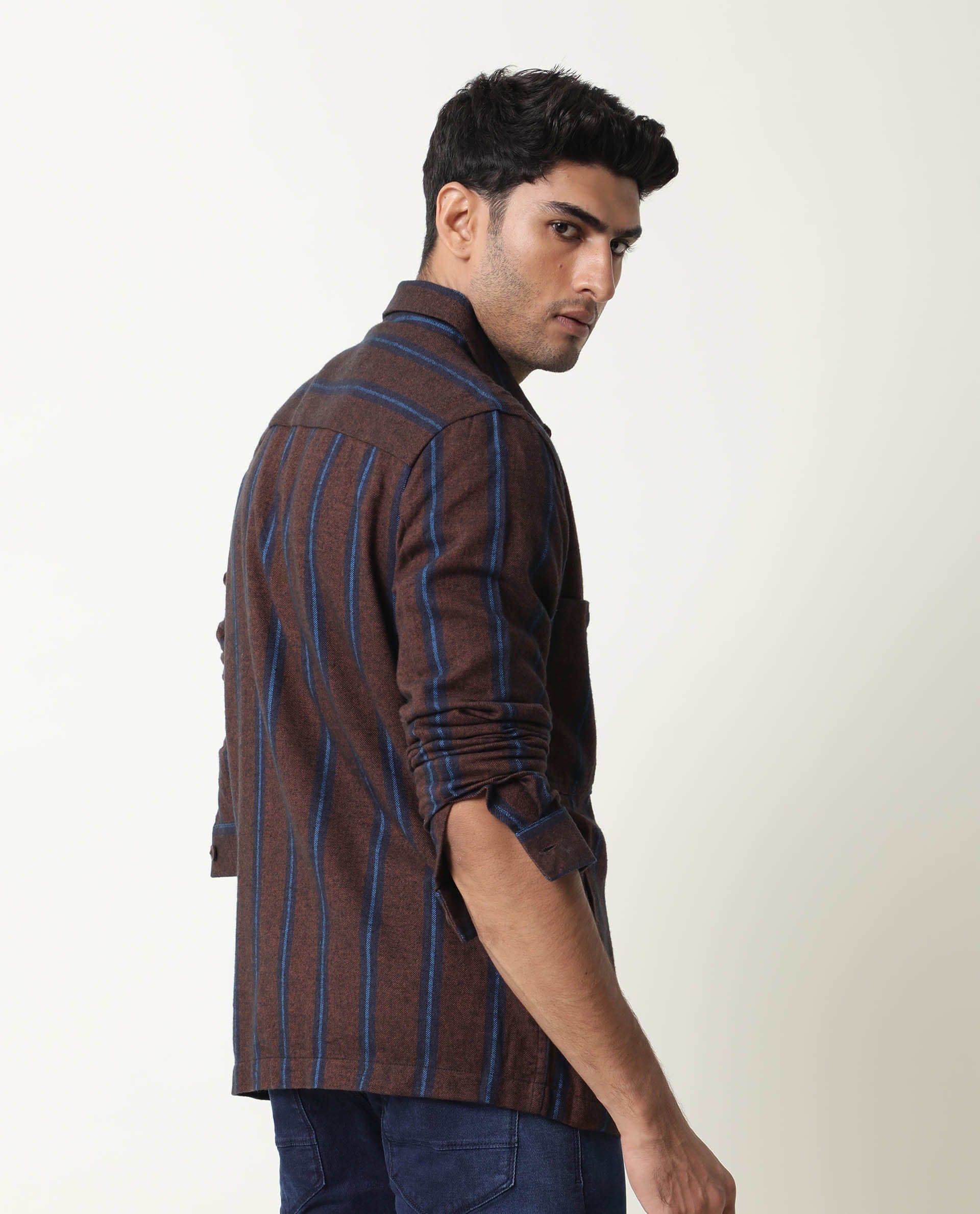 RARE Rabbit Men's Storm Mustard Cotton Striped Print Regular Fit Full Sleeve Spread Collar Jacket