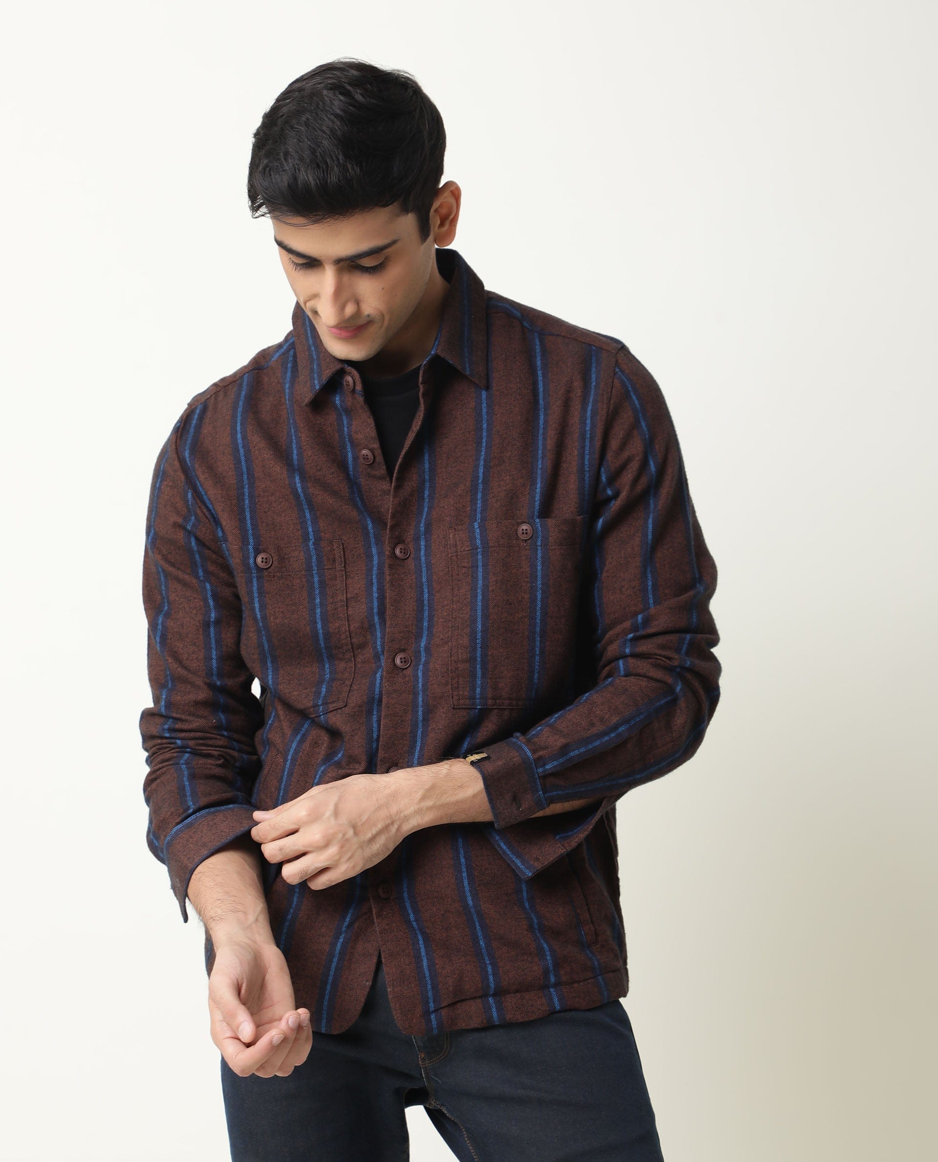 RARE Rabbit Men's Storm Mustard Cotton Striped Print Regular Fit Full Sleeve Spread Collar Jacket