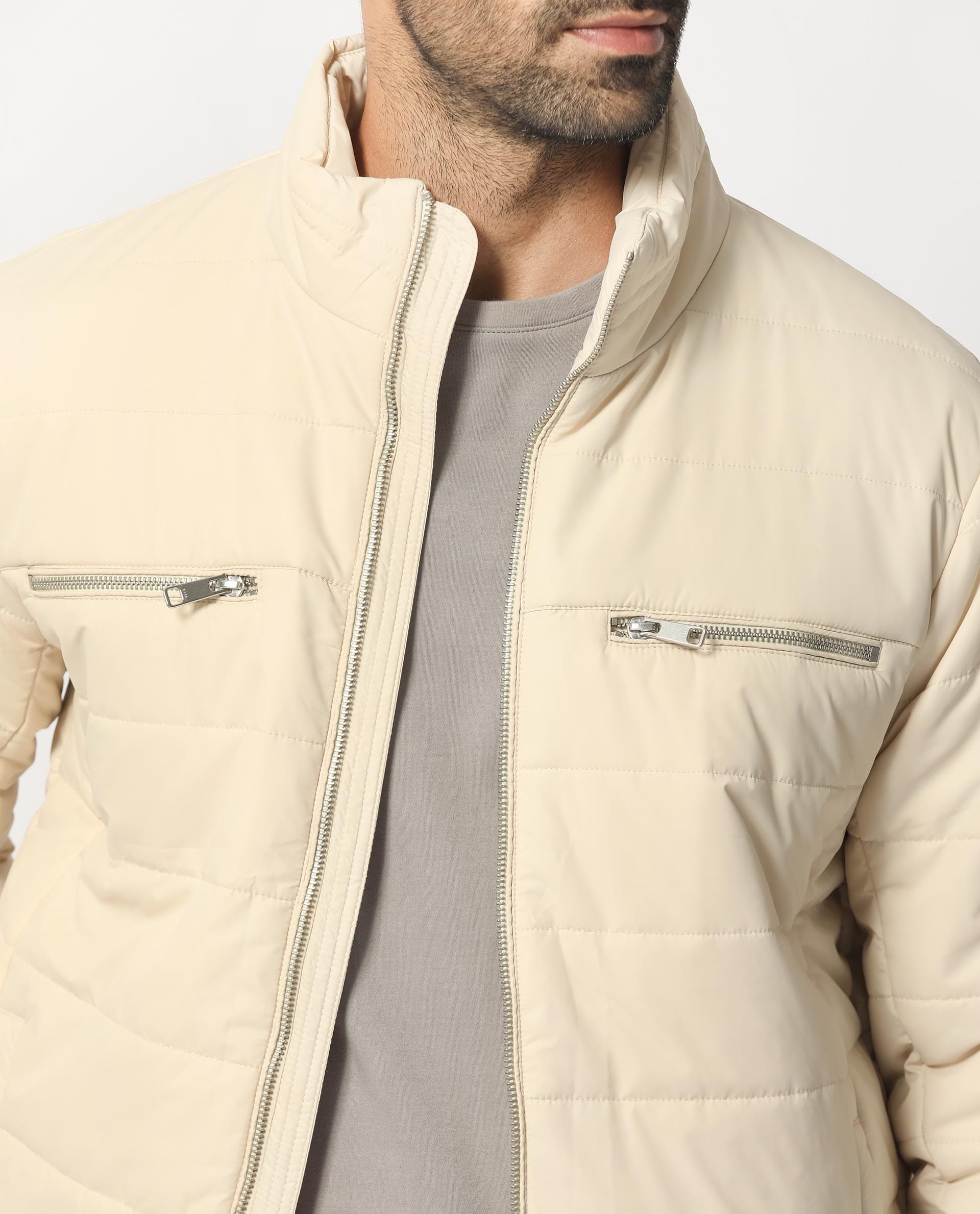 RARE Rabbit Men's Beylor Light Beige Polyester Plain Regular Fit Full Sleeve High Neck Jacket
