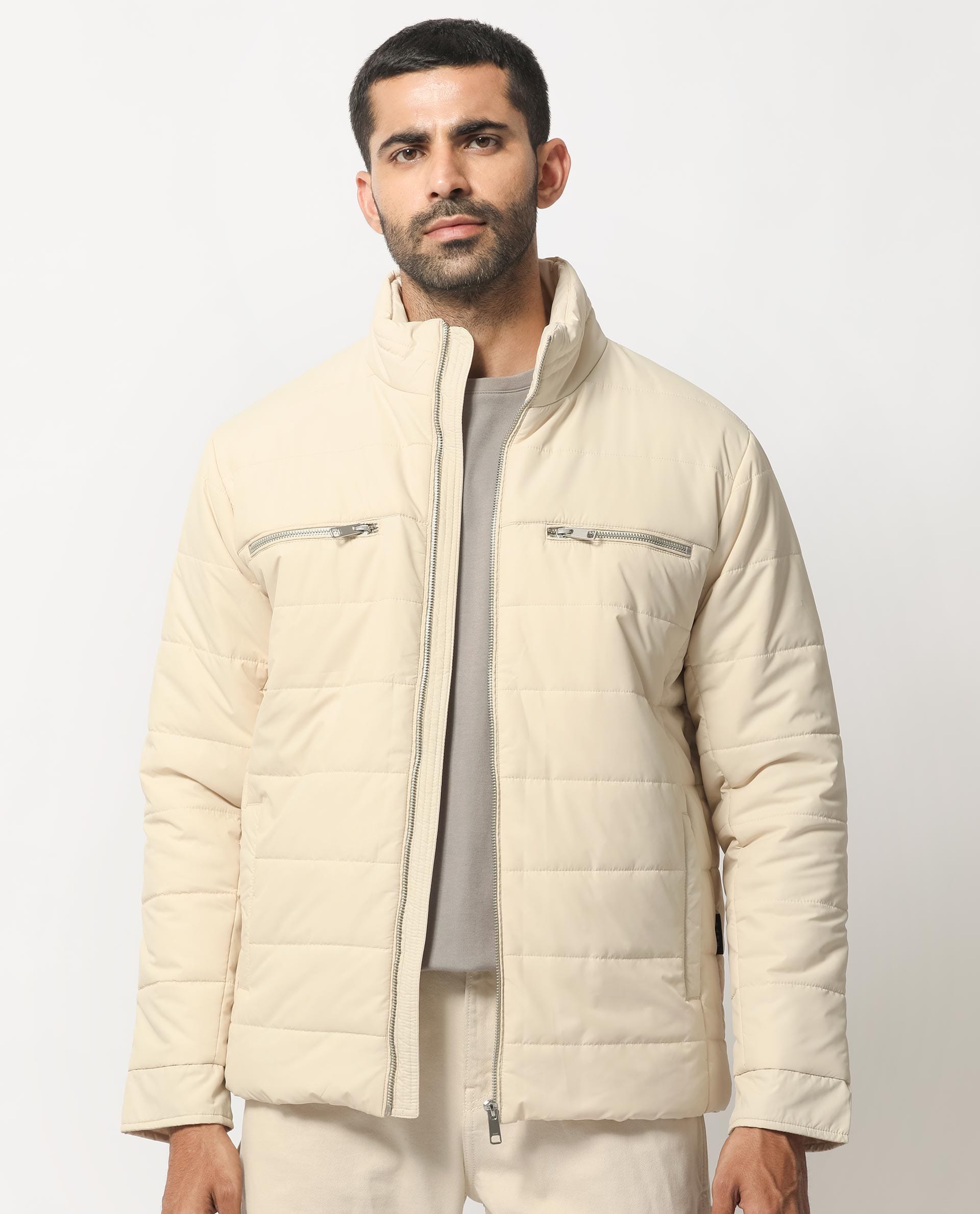 RARE Rabbit Men's Beylor Light Beige Polyester Plain Regular Fit Full Sleeve High Neck Jacket