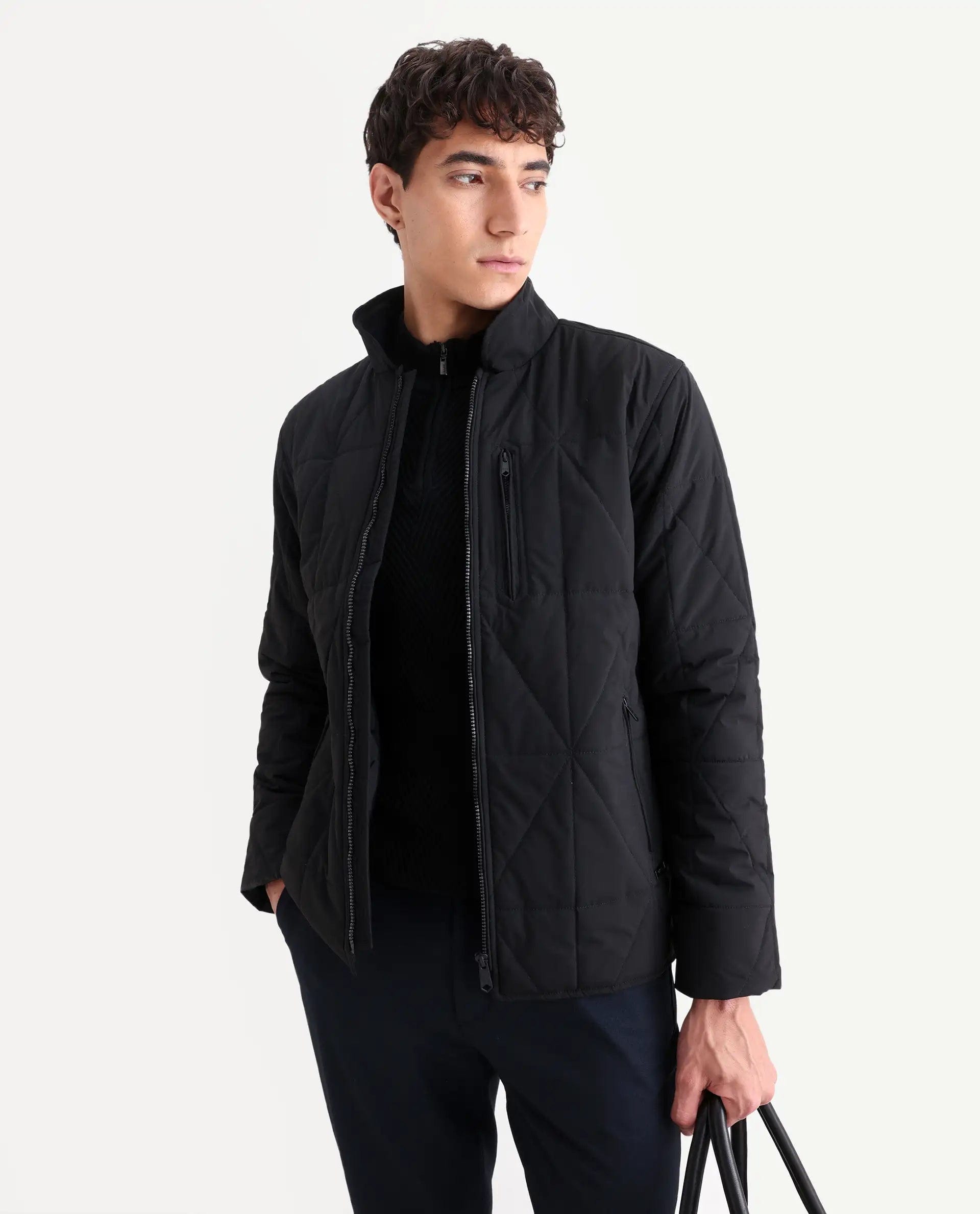 RARE Rabbit Men's Wang Black Polyester Plain Regular Fit Full Sleeve Mandarin Collar Jacket