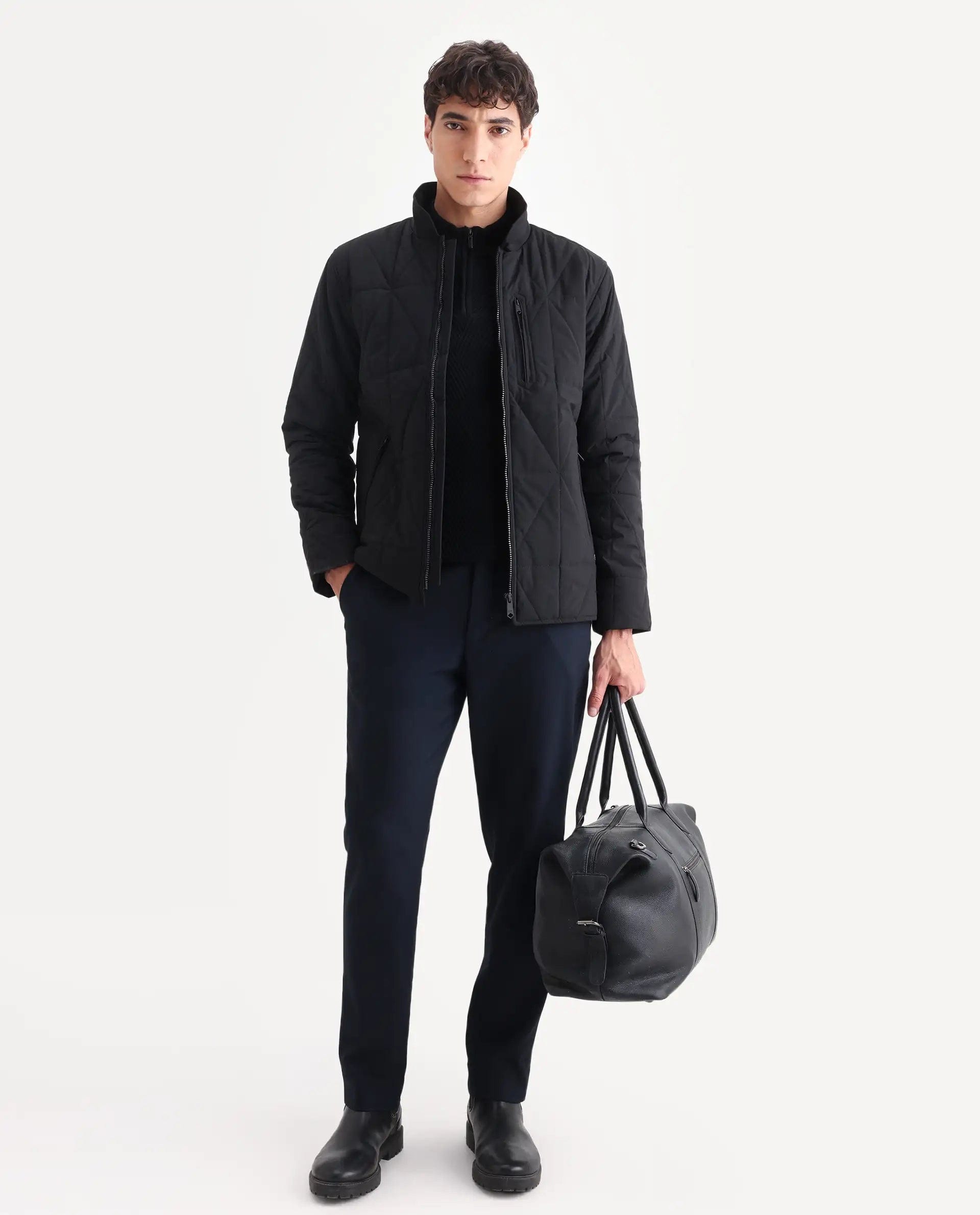 RARE Rabbit Men's Wang Black Polyester Plain Regular Fit Full Sleeve Mandarin Collar Jacket