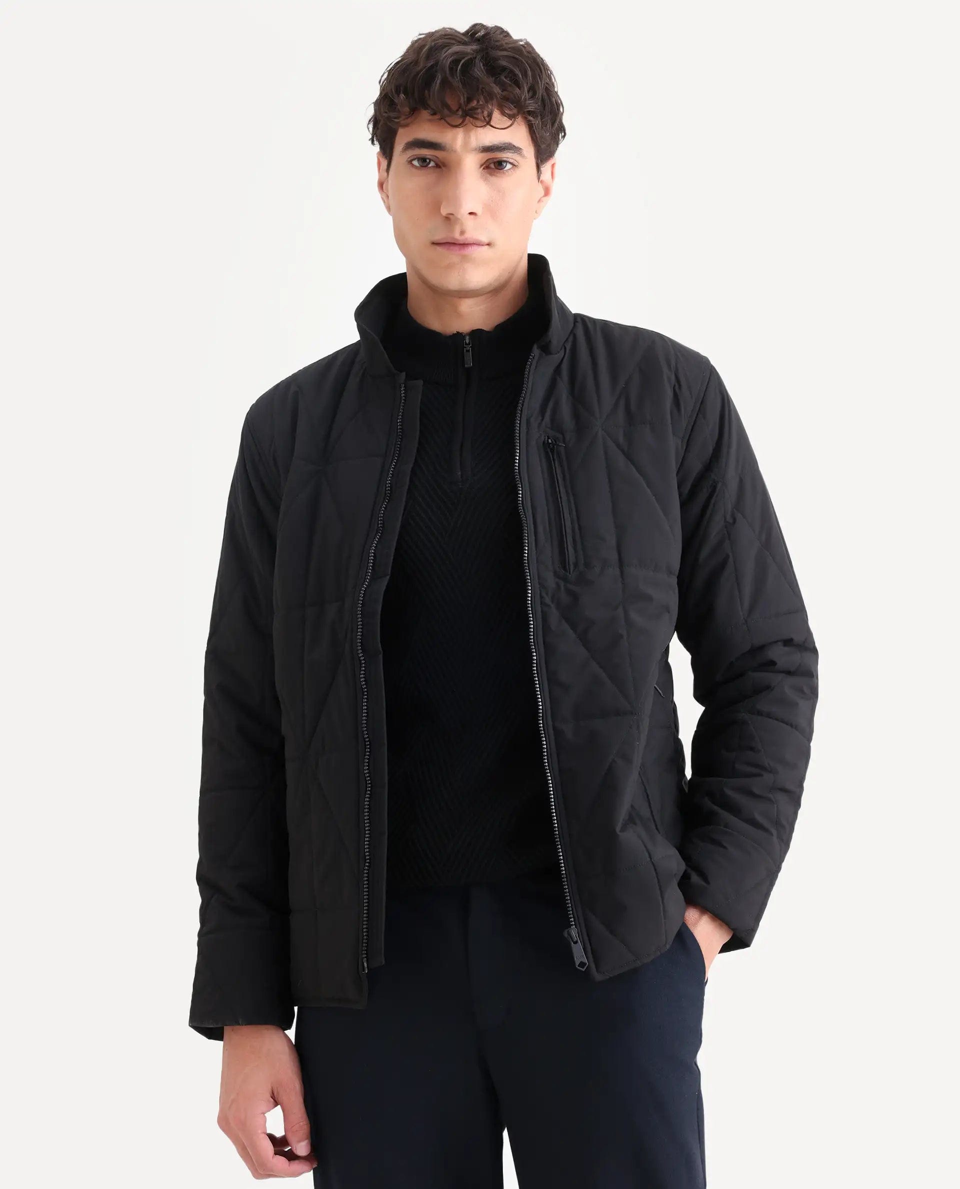 RARE Rabbit Men's Wang Black Polyester Plain Regular Fit Full Sleeve Mandarin Collar Jacket