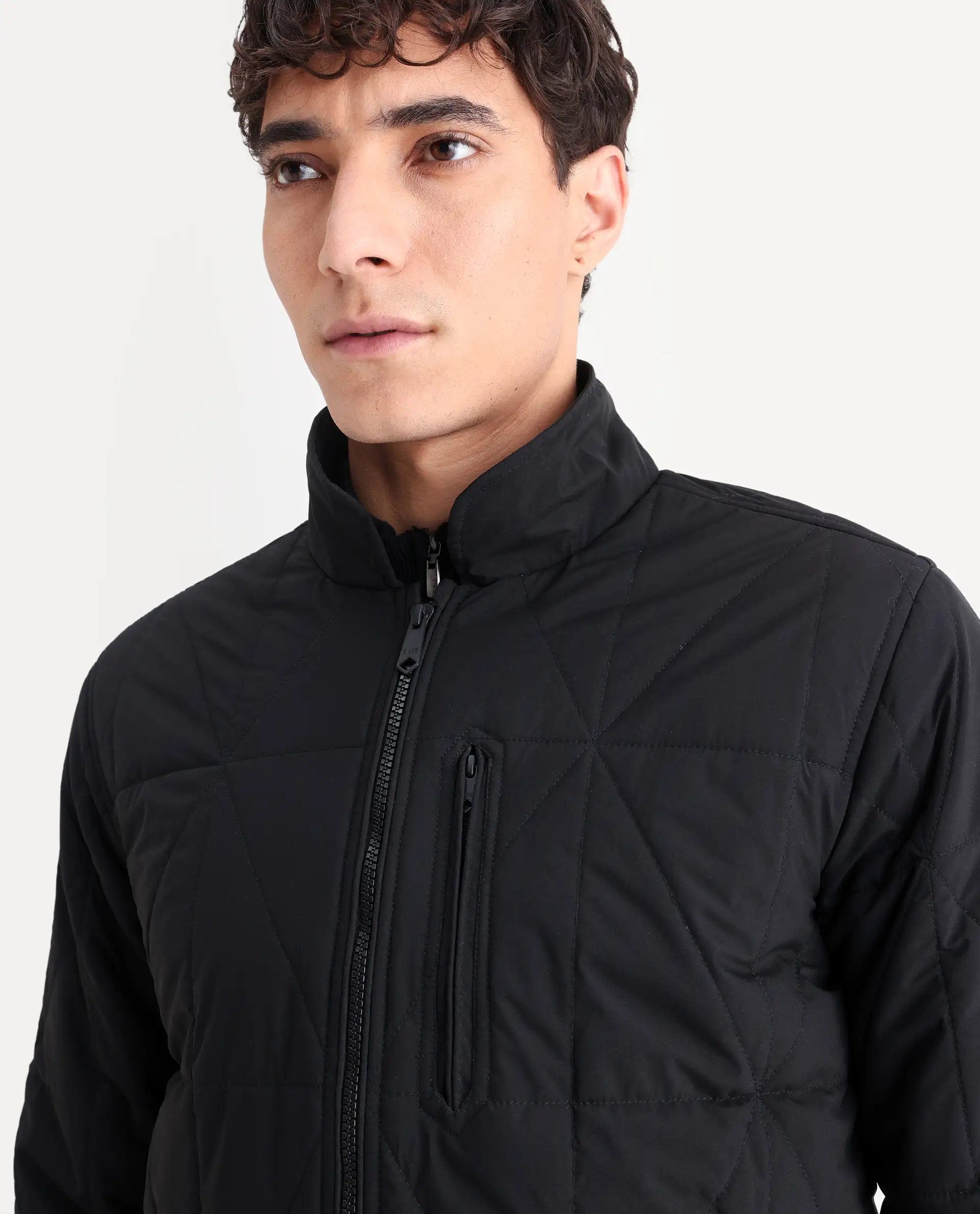 RARE Rabbit Men's Wang Black Polyester Plain Regular Fit Full Sleeve Mandarin Collar Jacket
