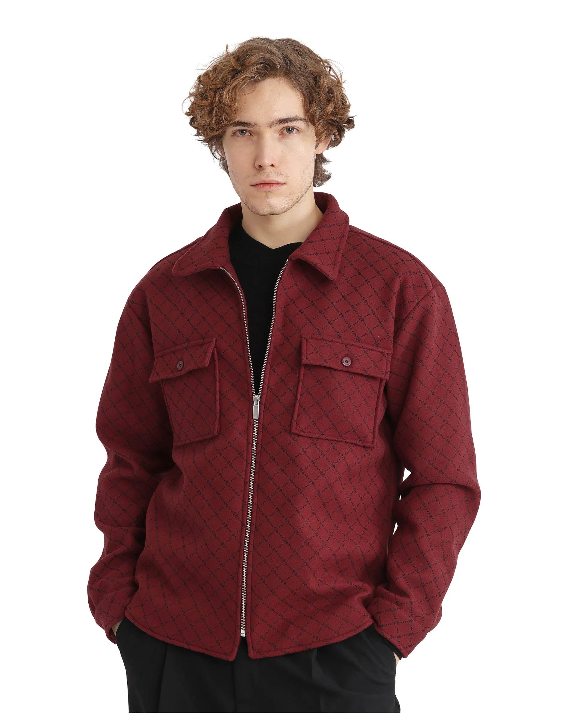 RARE Rabbit Men's Lybro Red Polyester Monogram Print Regular Fit Full Sleeve Spread Collar Jacket