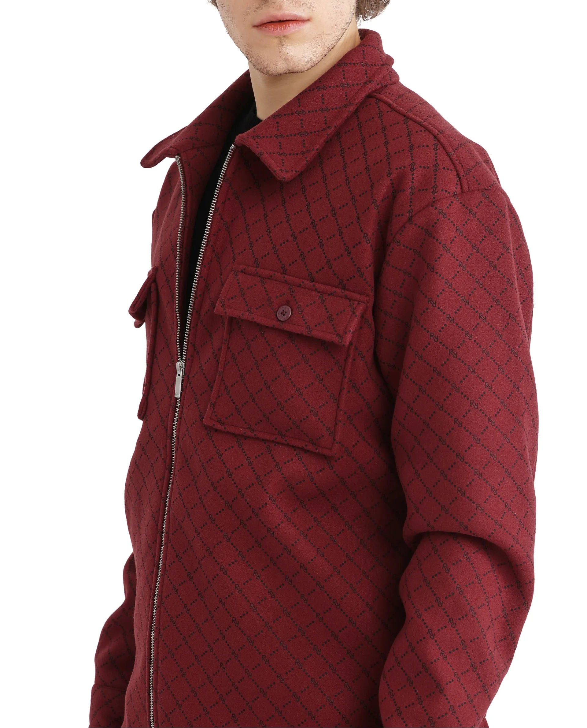 RARE Rabbit Men's Lybro Red Polyester Monogram Print Regular Fit Full Sleeve Spread Collar Jacket