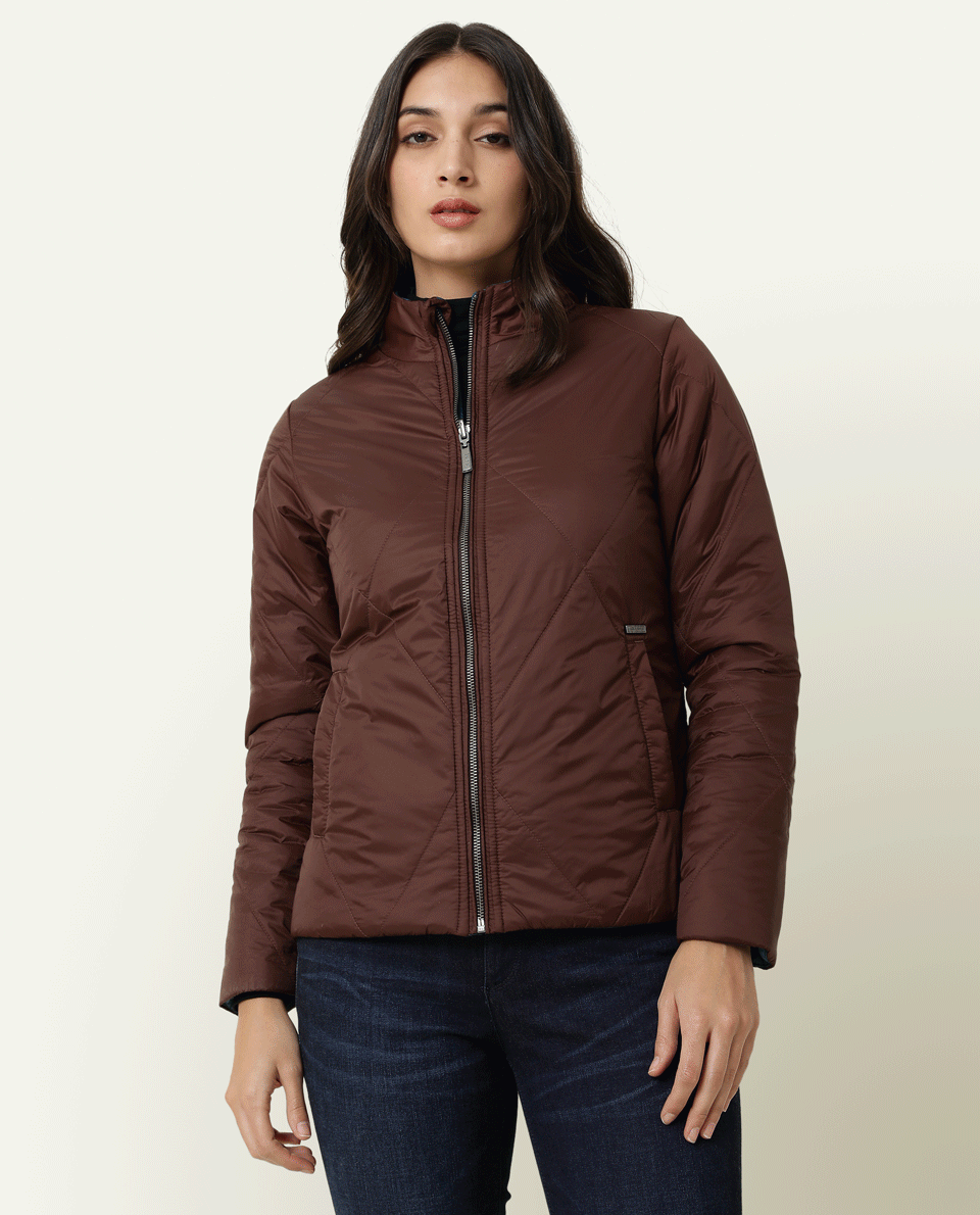 Rareism Women's Cora Maroon Polyester High Neck Plain Regular Fit Jacket