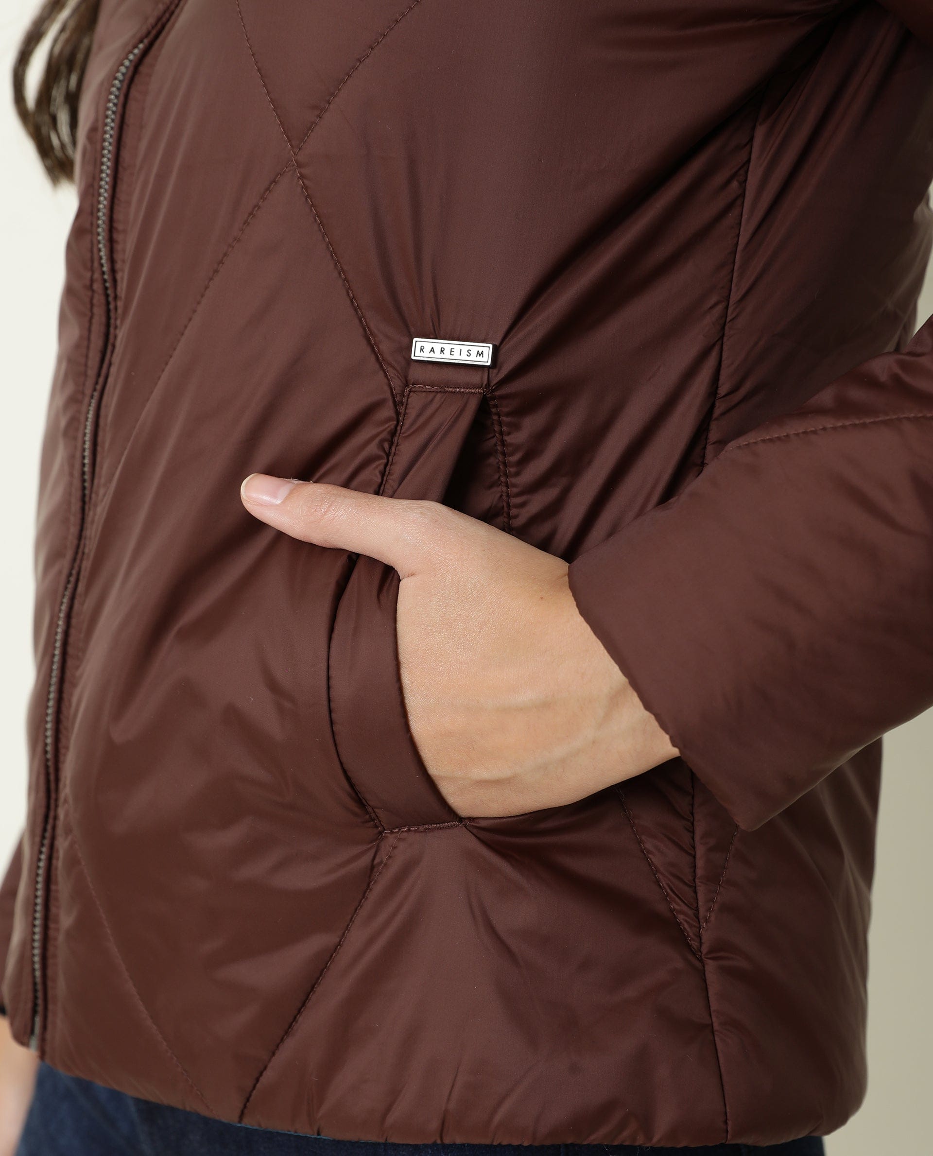 Rareism Women's Cora Maroon Polyester High Neck Plain Regular Fit Jacket