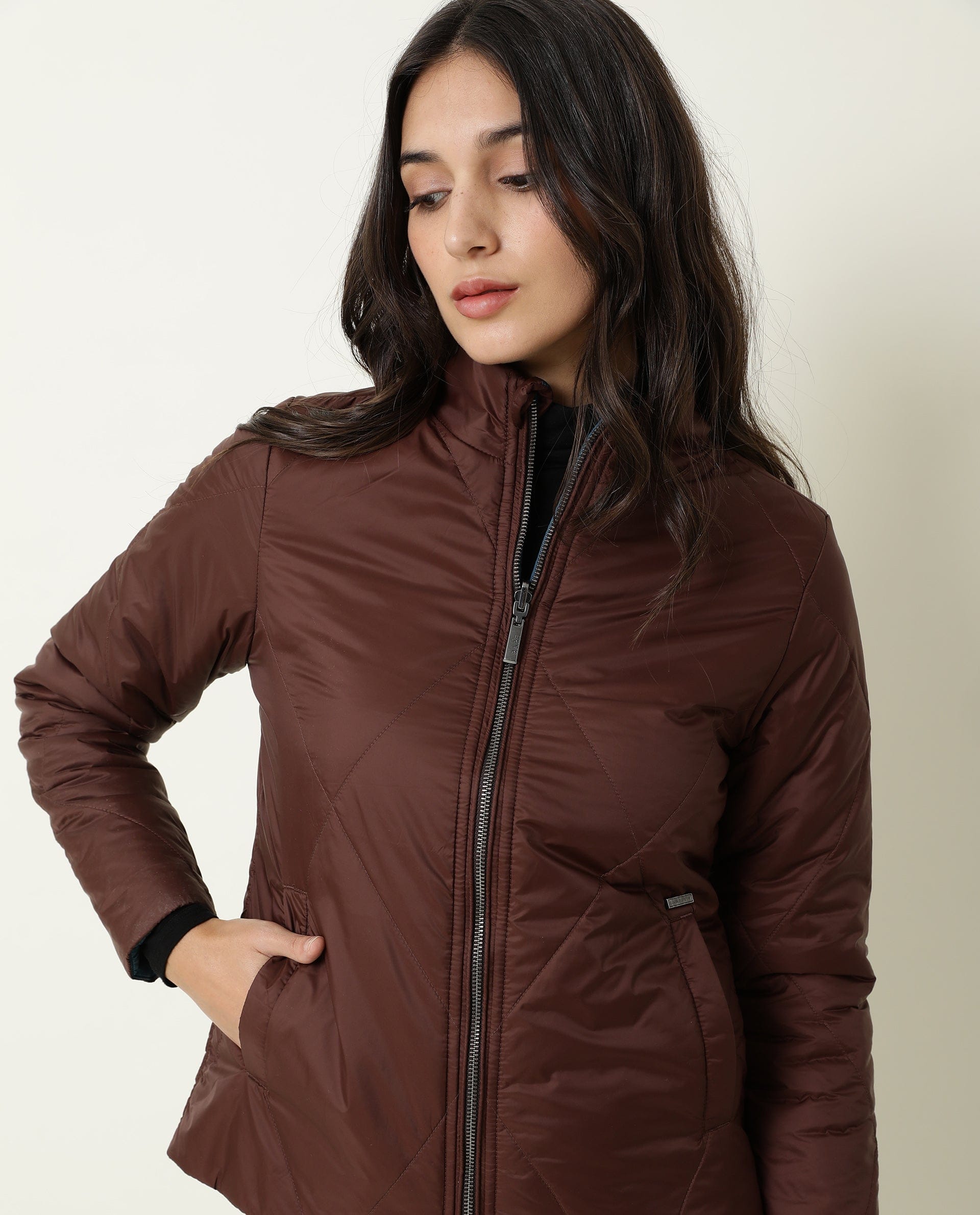 Rareism Women's Cora Maroon Polyester High Neck Plain Regular Fit Jacket