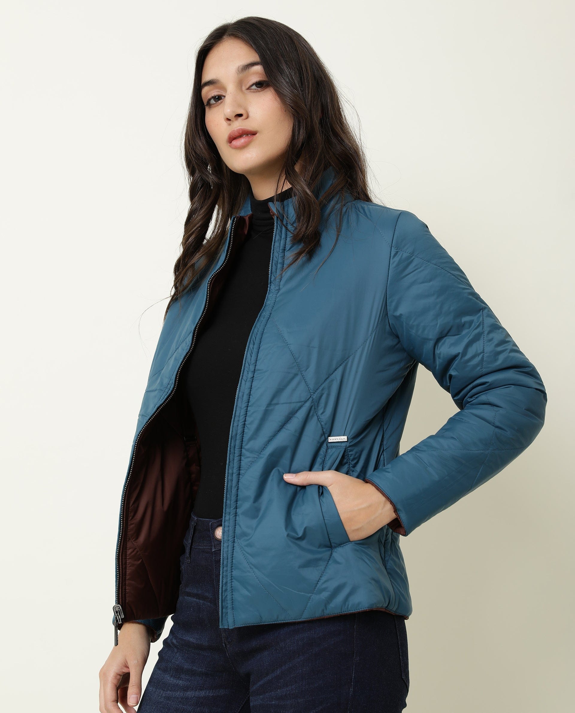 Rareism Women's Cora Maroon Polyester High Neck Plain Regular Fit Jacket