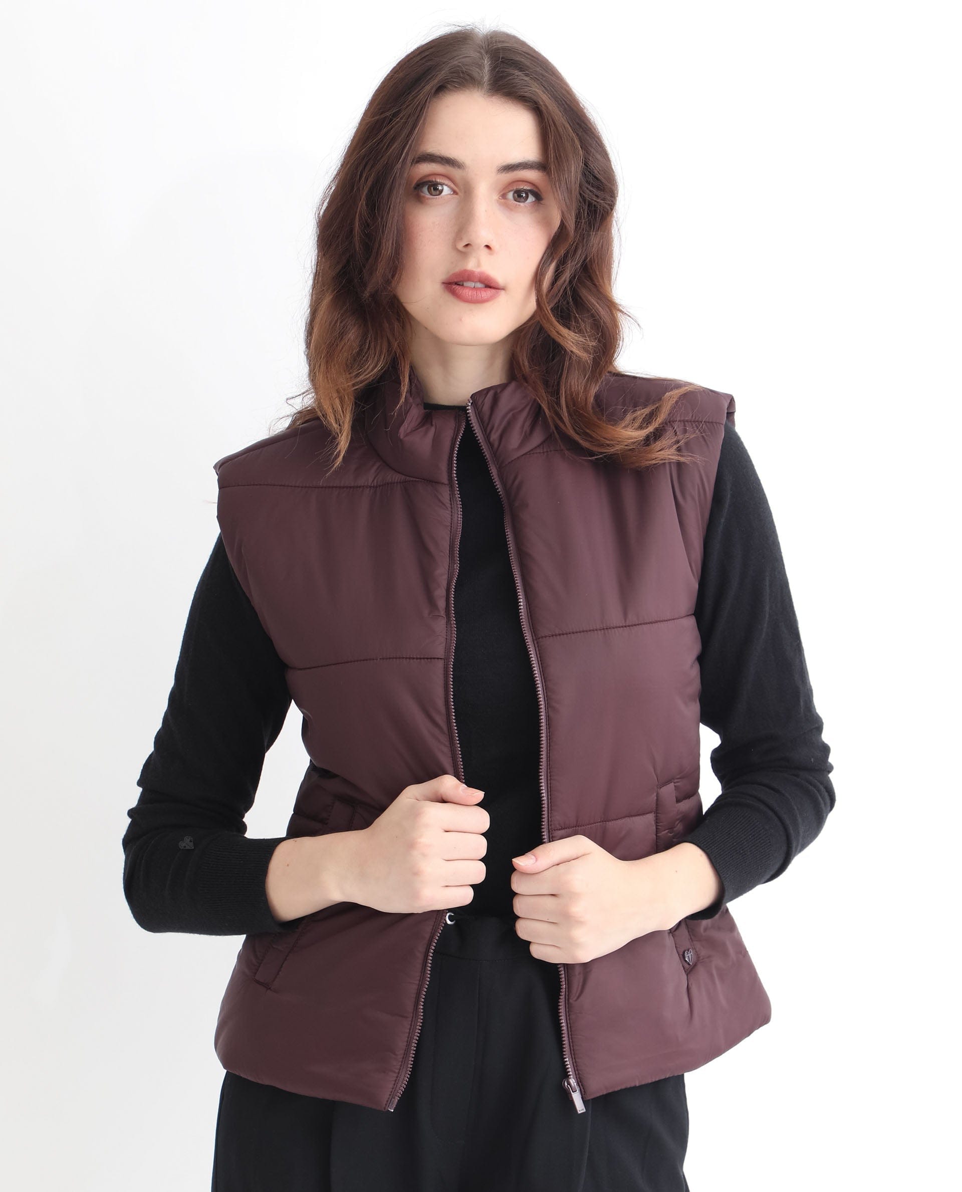 Rareism Women's Glasha Sl Maroon Polyester High Neck Plain Sleeveless Regular Fit Jacket
