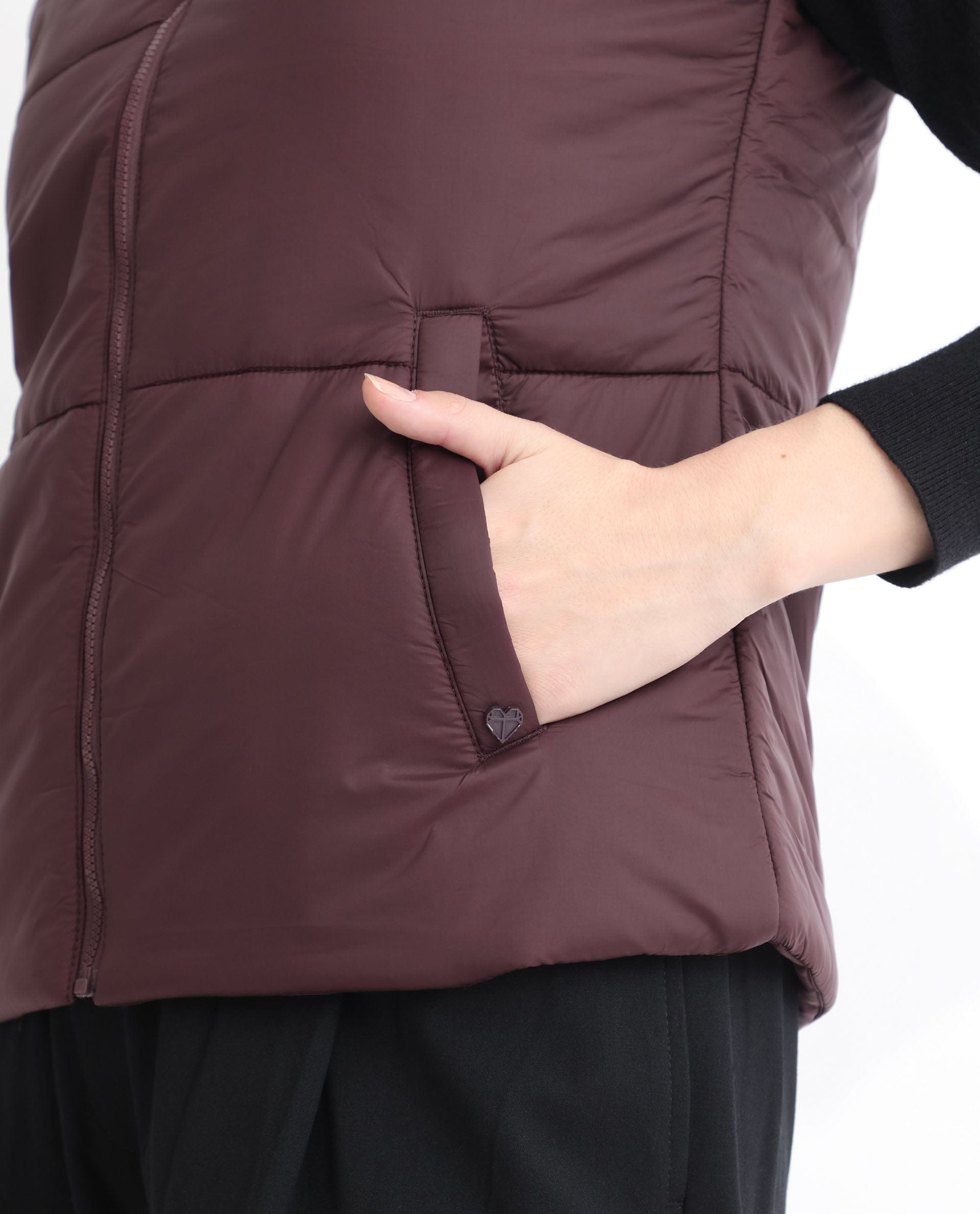 Rareism Women's Glasha Sl Maroon Polyester High Neck Plain Sleeveless Regular Fit Jacket